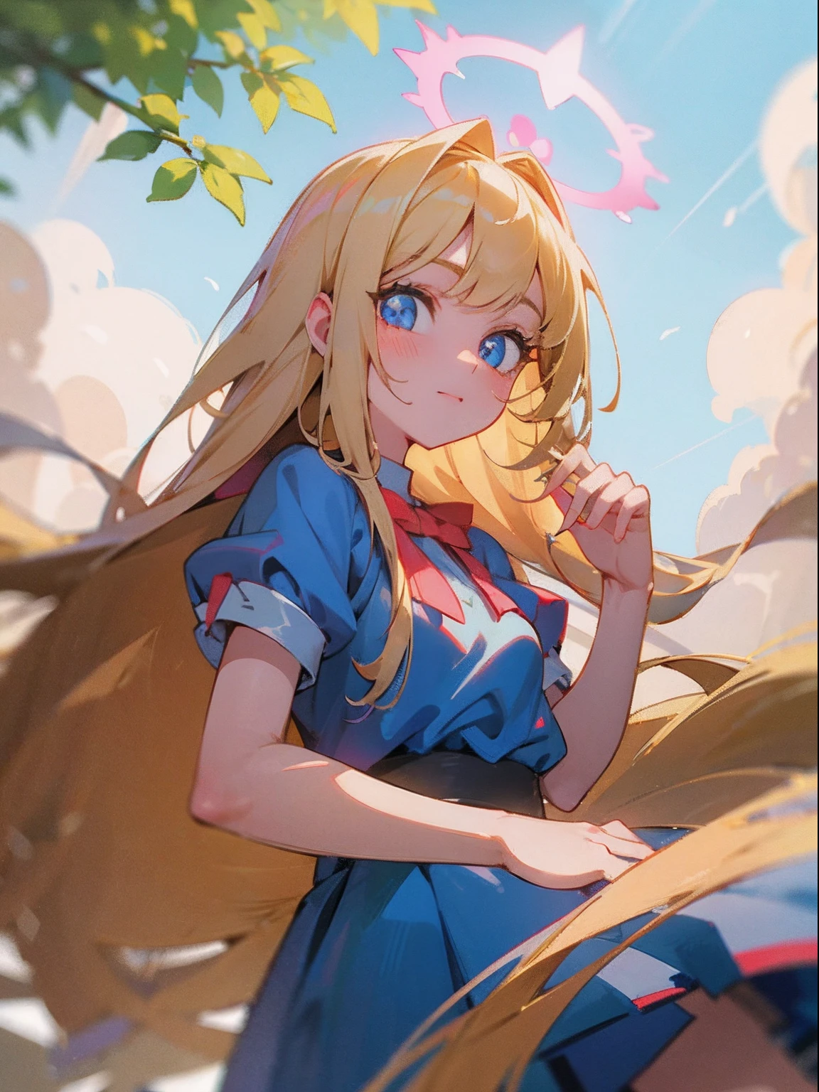 bright expression、photorealisim、top-quality、超A high resolution、a picture、Photos of the most beautiful Nordic girls、Detailed cute and beautiful face、a small face、(pureerosface_v1:0.008)、Beautiful bangs、alice in the wonderland、20yr old、Glowing white shiny skin、poneyTail、Bangs that extend to the face、bangss、Hair between the eyes、Super long hair、Attractive bright natural blonde super long silky hair、finer hair、Attractive glowing beautiful bright clear light blue big eyes、School Uniforms、student clothes、eye liner、Double eyelids、ample breasts