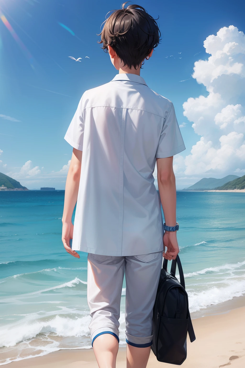 The back of a boy's avatar，Looking at the sea