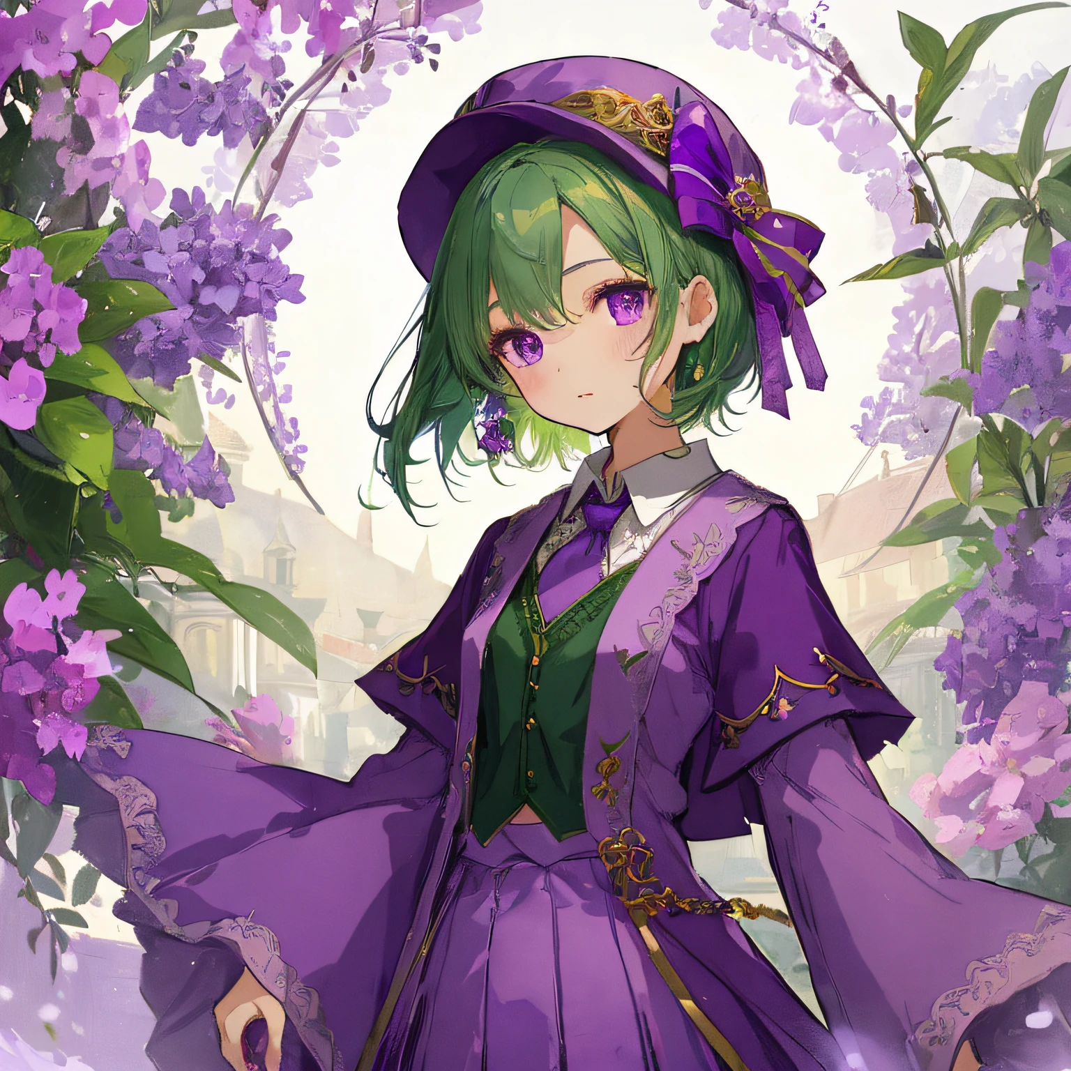 Beautiful illustration、top-quality、
top-quality、extremely delicate and beautiful、(A teenage girl)、Purple Eye、Green hair、short-haired、(Purple pointy hat)、Purple tie、Soio、shortsleeves、Purple skirt、Purple Wizard Robe、Navel、is standing