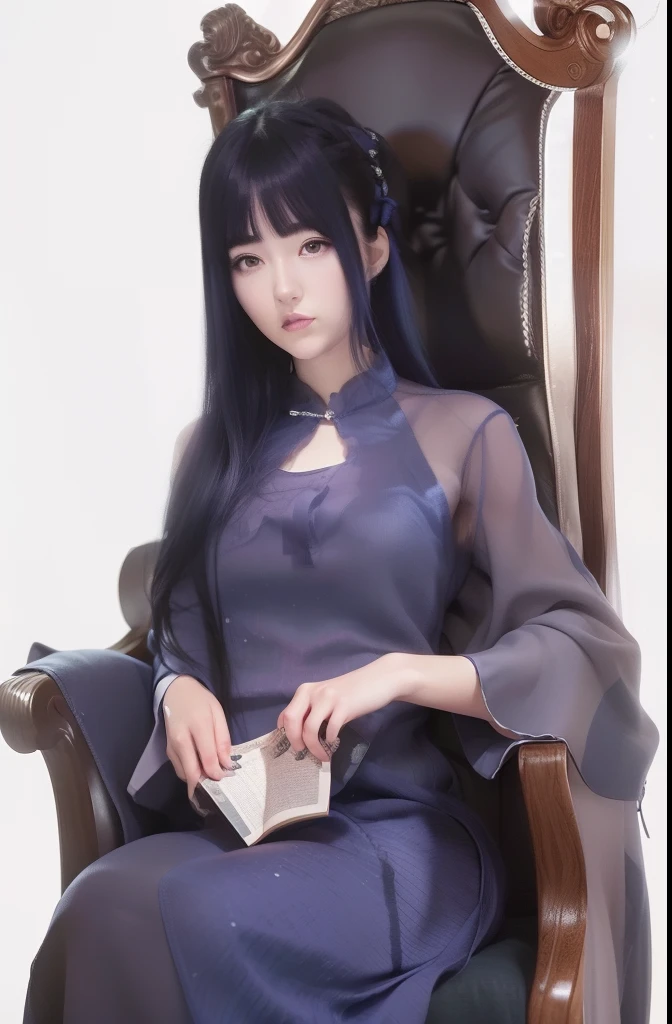 Hinata hyuga A woman was sitting in a silver chair. He's using a deep blue sea cedar. He was seen with the book in his hand. She had long, blue hair that she didn't tie. He had a white as snow. Her cheeks are blushing red and her lips are pink. He was looking into the camera. So pretty and realistic