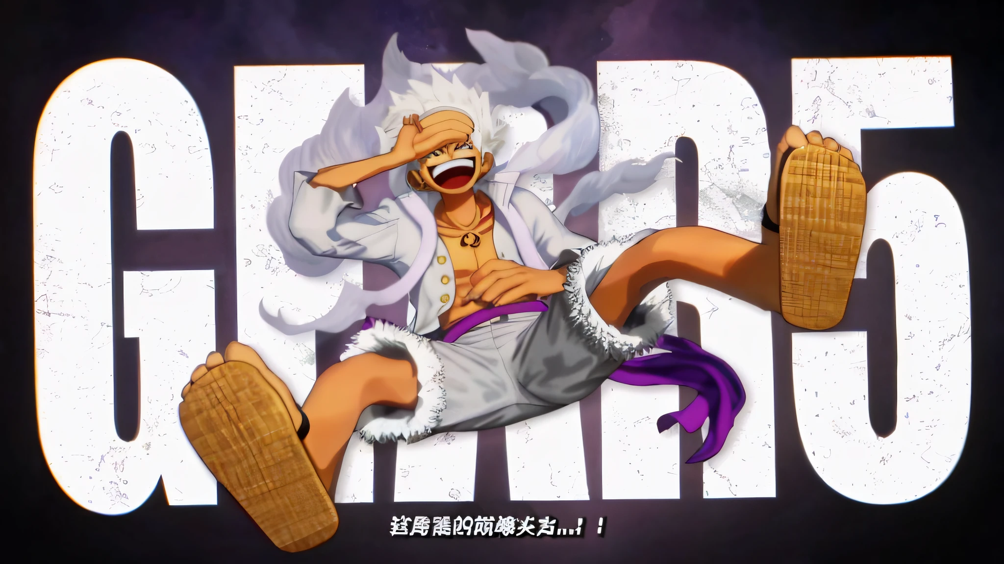 Anime characters with big smiles and purple shirts on their faces, from one piece, a silver haired mad, One Piece style, offcial art, one piece art style, Chiba Yuda, anime opening, key art, inspired by Eiichiro Oda, screenshot from the anime film, 8K!, luffy gear 5, new character