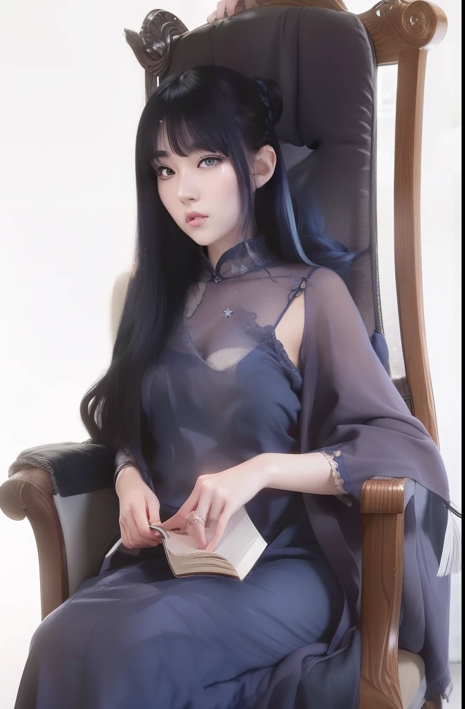 Hinata hyuga A woman was sitting in a silver chair. He's using a deep blue sea cedar. He was seen with the book in his hand. She had long, blue hair that she didn't tie. He had a white as snow. Her cheeks are blushing red and her lips are pink. He was looking into the camera. So pretty and realistic