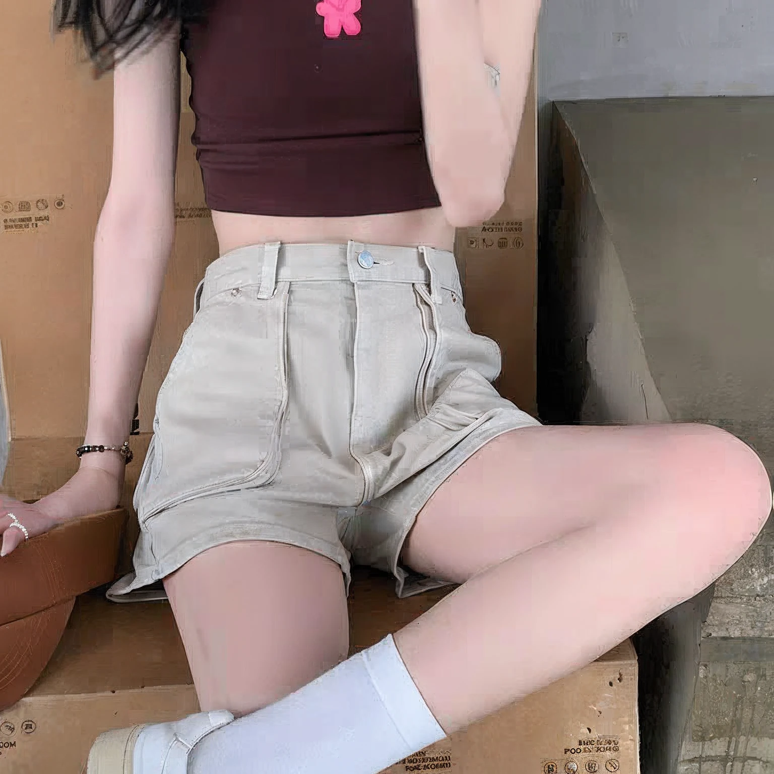 Ralph woman sitting on box with mobile phone, with two front pockets, very short pants, shorter pants, tan shorts, dressed in a top and shorts, Cute casual streetwear, Casual clothes, is wearing a shorts, casual summer clothes, Cargo shorts, wearing tight simple clothes, in shorts and t-shirt, Short shorts, cute huge pockets