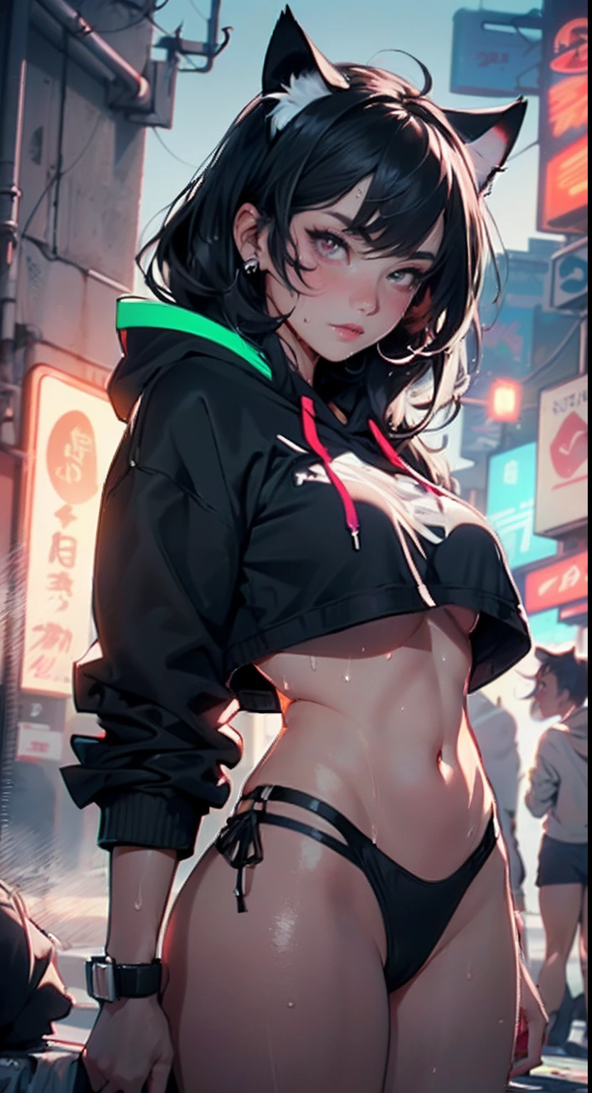girl spacepunk,(((1girl))),((beautiful girl with bright and luminous cat ears)),
(large breasts:1.4),saggy breasts,((black hair,black messy hair,colored inner hair,large hair,absurdly long unkempt hair:1.35,long black hair,ear breathing)),((((cat ears,cat ears on head,big cat ears)))),(((pink eyes:1.3,upturned eyes:1.3,perfect eyes,beautiful detailed eyes,finely detailed beautiful eyes:1,symmetrical eyes:1))),((fat)),(((lustrous skin:1.5,bright skin: 1.5,skin tanned,shiny skin,very shiny skin,shiny body,plastic glitter skin,exaggerated shiny skin,illuminated skin,wet legs))),(spider lower abdomen,narrow waist,wide hip,athletic body,inflated legs,delicate detailed fingers,detailed body,human hands,(detailed face)),
cute,slutty,seductive,erotic,(((nsfw))),
(graffiti art in clothes),zettai ryouiki,revealing clothing,show skin,(((underboob))),(cleavage),(semi-naked,with little clothing,((tiny thong)),bare legs,visible thong straps),((((crop top hoodie,cropped hoodie,hoodie,hoodie intricate)))),((wet clothes,detailed outfit,detailed clothes)),
(dynamic pose:1.0),solo focus,embarrassed,(centered,scale to fit dimensions,Rule of thirds),
cyberpunk city by the ocean at night, with bright neon signs and dark stormy clouds and puddles,
High resolution, sharp focus, (ultra detailed, extremely detailed), (photorealistic artwork:1.37), 8k wallpaper,((synthwave background theme)),(((vibrant colors,neon colors))),(intricate),masterpiece,(best quality),