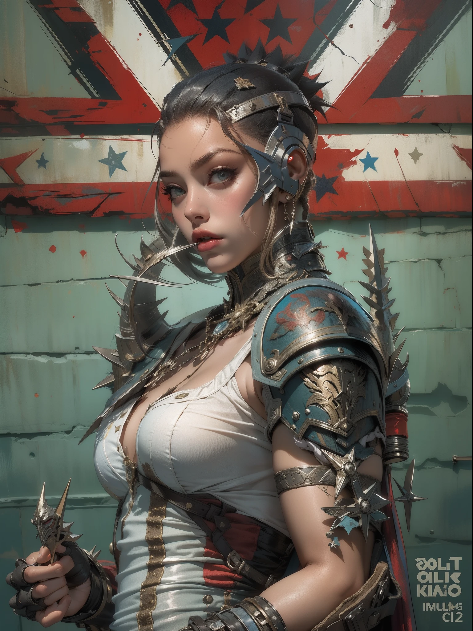 (((mulher))), (((melhor qualidade))), (((obra prima))), (((adulto))), (((1girl))), ((( corte de cabelo bob ))), Uma gladiadora cyberpunk mulher de 25 anos com corpo perfeito, shoulder pads with metal spines, Gladiadores do Brooklyn, (( corte de cabelo bob )), tiny leather panties, camiseta de time de rugby rasgada, quase nua no estilo selvagem urbano de Simon Bisley para a capa da revista Heavy Metal, Cabelo loiro curto, Minimum clothing, Metal protection on the left arm with intricate graphics, Dark red with white stars and zigzag striped pattern, azul marinho e branco, armadura, cheio de espinhos, (((do joelho pra cima))), cabelos loiro branco curto, no fundo uma parede pintada por Shepard Fairey com um design intrincado