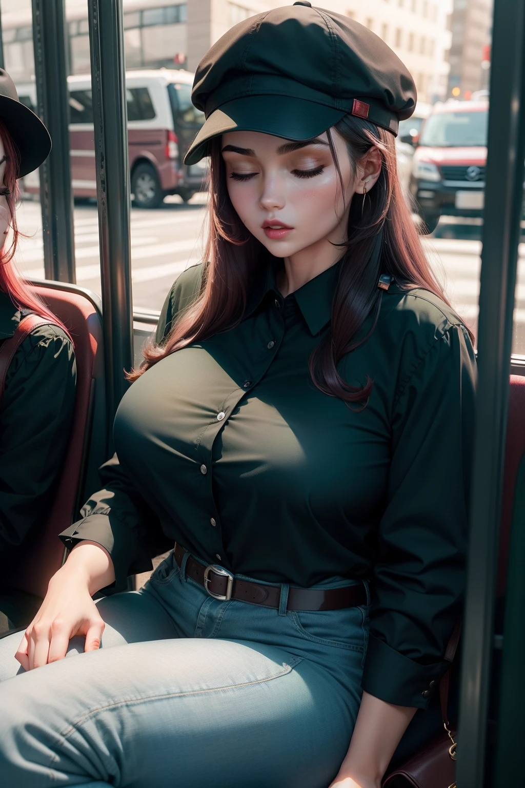 1 beautiful woman, large body, Maroon lips, Black cap, Cosmetic eyelids, Double-button shirt, Green shirt, Long-sleeved shirt, Collared shirt, Blue jeans, Black bag, Sit on the bus and sleep, Mouth open, Eyes closed