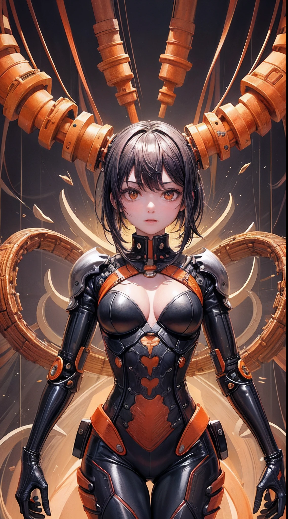 (((obra maestra))), ((mejor calidad)), (super detalle), (cg illustration), (Muy malvado y hermoso)), light cinematic, ((1 mechanical girl)), Soltero, (Mechanical Art: 1.4), ((Orange mechanical member)), ((mechanical spine attached to the back)), ((orange Mechanical cervical vertebrae attached to the neck), (Espalda al espectador)), inexpresivo, ( alambres y cables unidos a la cabeza y al cuerpo: 1.5), Science-Fiction, Apocalipsis, ruinas, (sangre: 1.5), crueldad, absurdo, erotismo, Merging with machines, Hora del fin del mundo, Super future, inorganic, laboratorio, restraine, (Hermosa indulgencia: 1.2), (1 chica en: 1.3), Body wrapped around mechanical tentacles