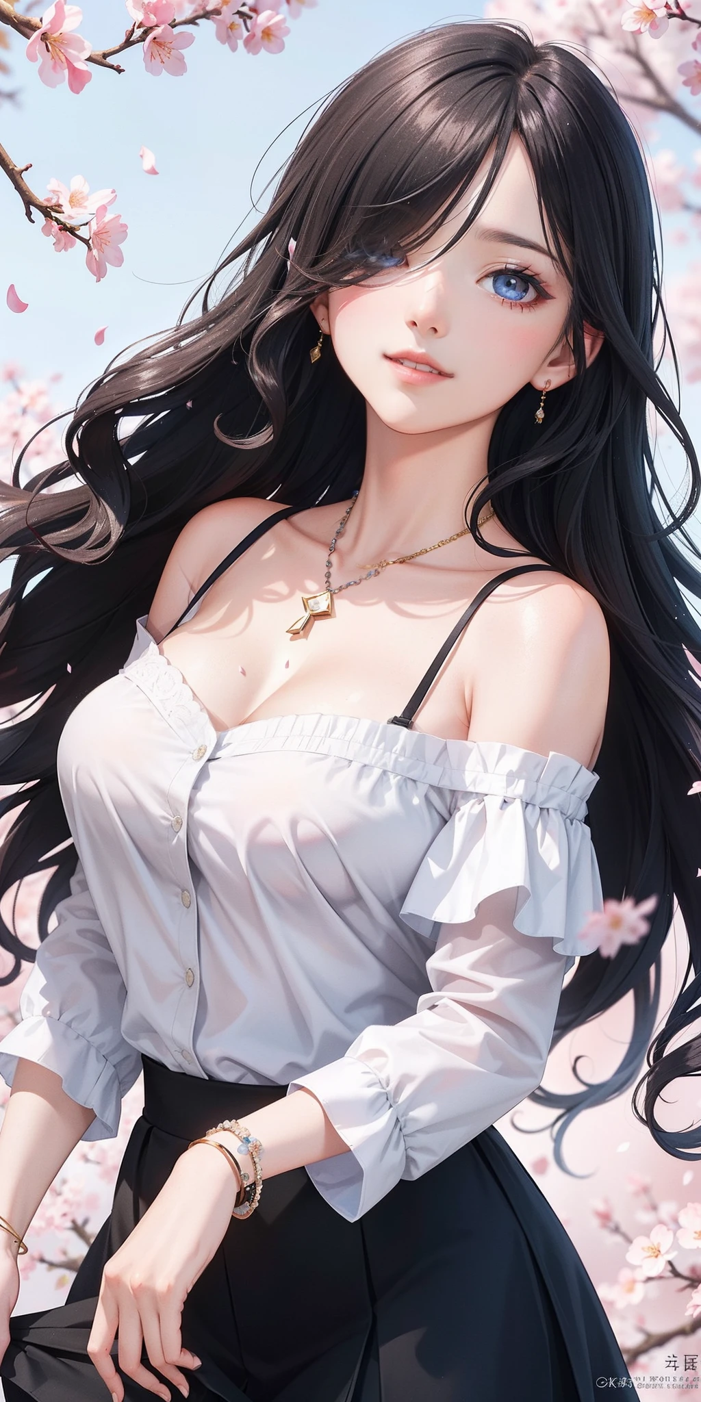 She is very beautiful and has perfect medium breasts, ((long black wavy hair, hair over one eye)) light blue eyes (detailed background), detailed landscape, 1girl, solo, looking at viewer, smile, skirt, shirt, neckline, bare shoulders, jewelry, collarbone, white shirt, outdoor, necklace, off shoulder, bracelet, (masterpiece), (best quality), (ultra detailed), (highly detailed), (detailed face) ) petals, cherry blossoms, she is in dynamic pose exuding passion