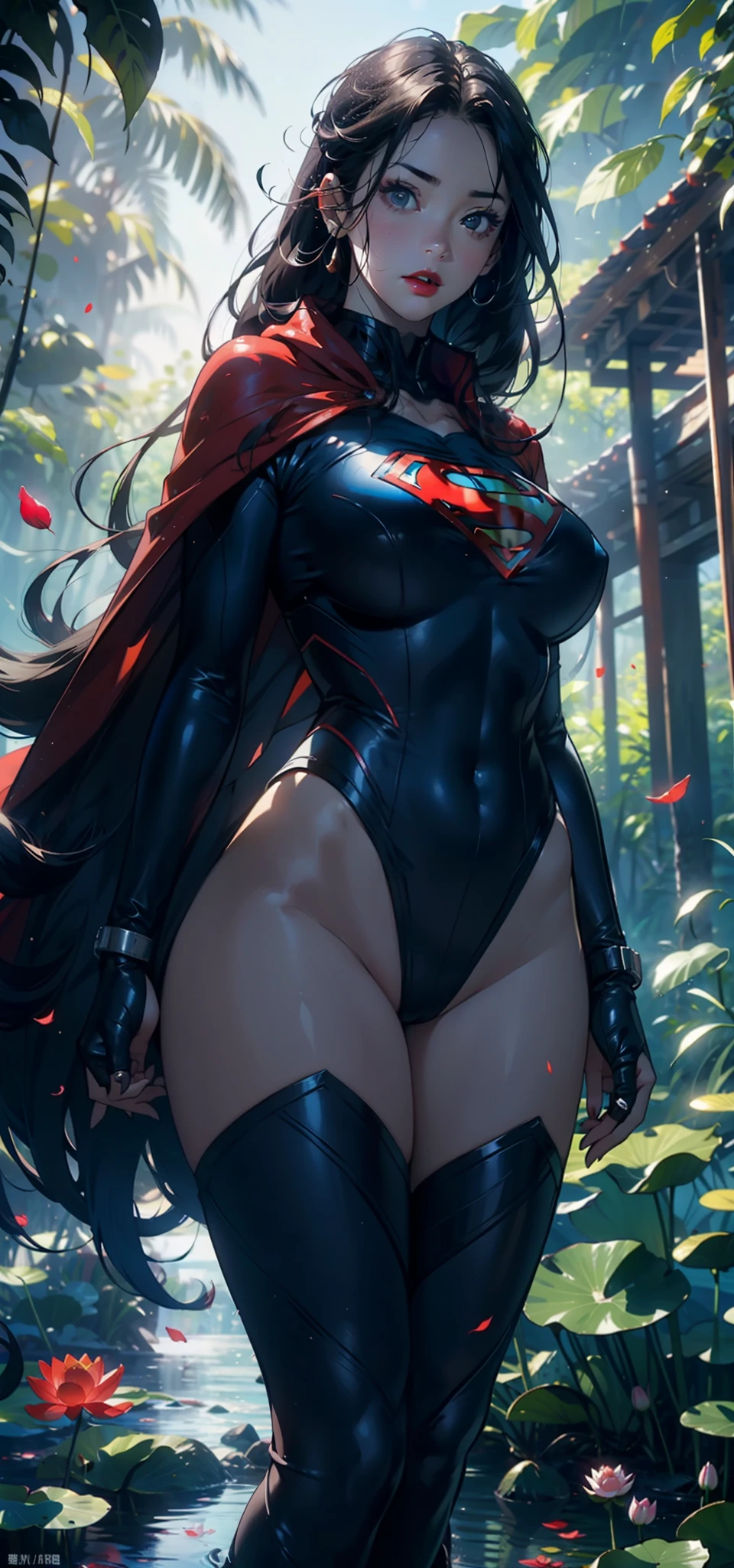 1womanl,43 yeas old,A MILF,熟妇,Huge breasts,Big breasts Thin waist,long leges,plumw,Raised sexy,Pornographic exposure, 独奏,Combat posture,(Background with:Deep in the forest,Ground area water,lotuses,lotus flower,the rainforest,waterfallr,)Snow-white skin, She has long black hair,Long hair flutters in the wind,Redlip,Expression of anger,seen from the front, hair straight, mostly cloudy sky,(((tmasterpiece),(Very detailed CG unity 8K wallpaper),best qualtiy,cinmatic lighting,detailed back ground,beatiful detailed eyes,Bright pupils,(Very fine and beautiful),(Beautiful and detailed eye description),Black eyes,Redlip,ultra - detailed,tmasterpiece,)),facing at camera,(The upper part of the body),A high resolution,ultra - detailed),Red petal decoration on the forehead,revealing breasts,Bare genitalia, Bulge,legs are open,sexyposture,Camel toes,Flushed complexion,Supergirl,frontage,(Wearing:Blue Superman uniform,Red cloak,mitts,Bare breasts)cyber punk style