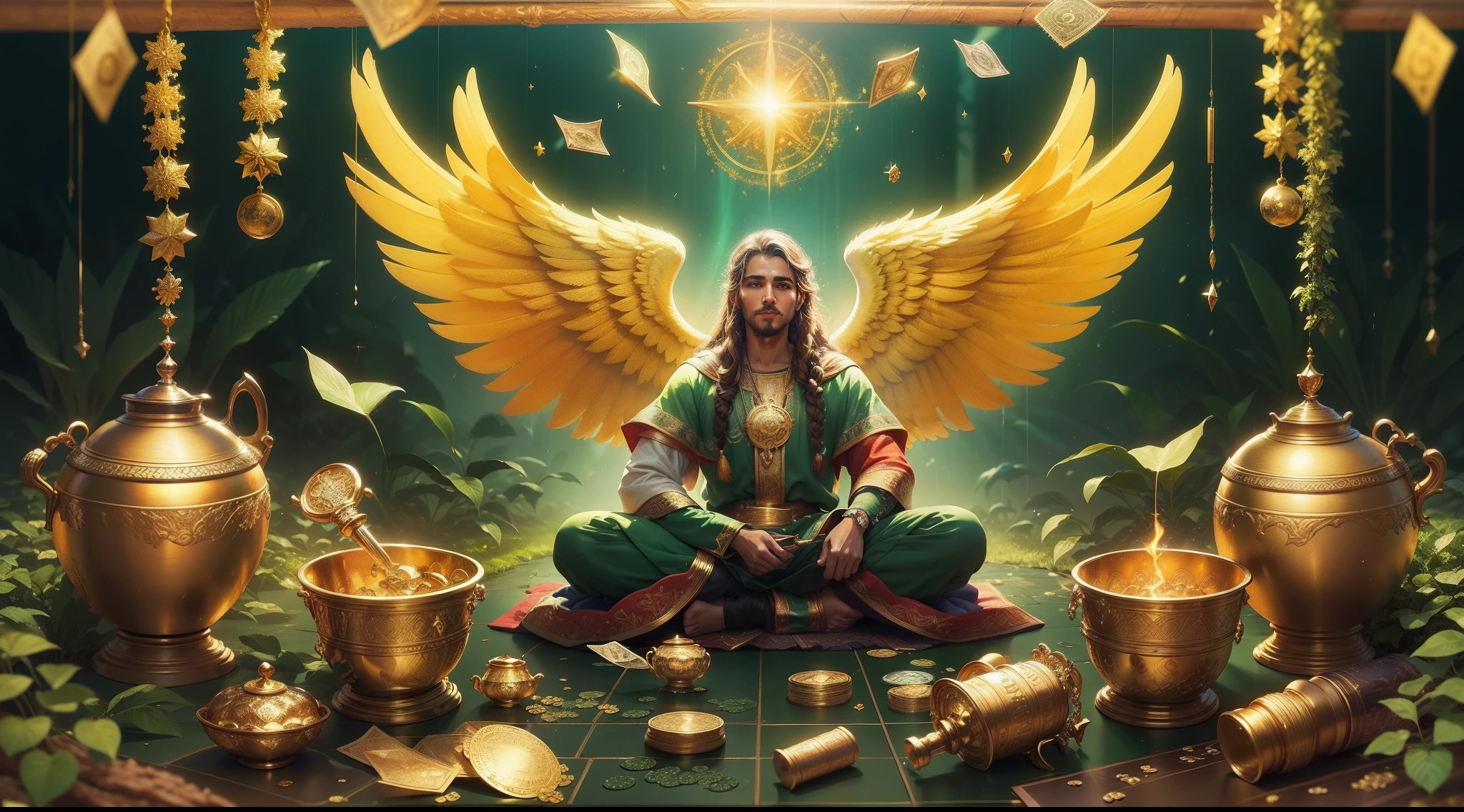 closeup do anjo abundia, religioso, Comportado, perfeito e realista, Biblical Green Clothes, long hair with braids, sitting with a pot of gold in his hands, com asas grandes de ouro e coloridas, um jardim de trevos de 4 folhas, dinheiro, gold dollar siphon symbol, Background of gold pieces, chuva de ouro, Green money falling from the sky, loteria, realista, perfeito, sorteio de loteria, Lottery Grand Prize, The angel of abundance is also named as Abundia, Habone, Abundantia e Fulla, anjo homem abundia com uma cesta de ouro, ABUNDIA O ANJO DA FORTUNA