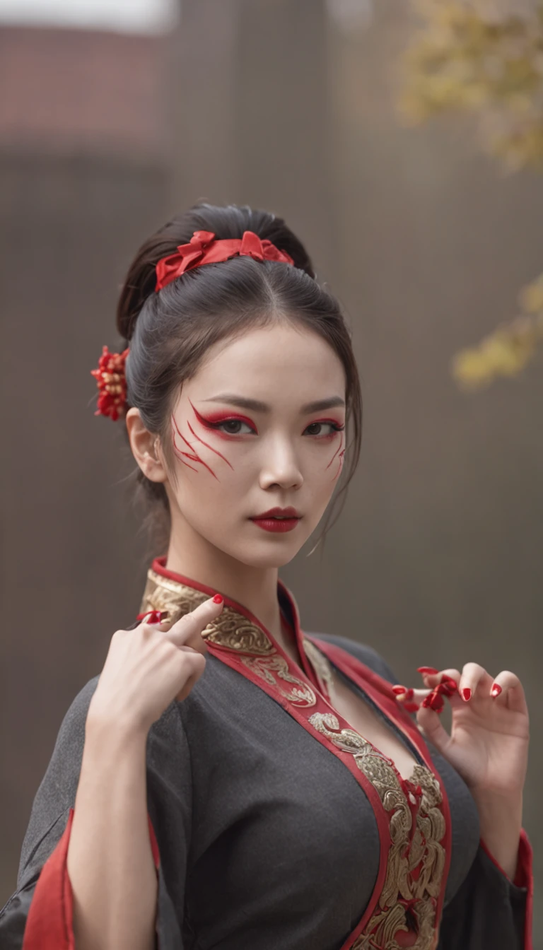 Self-portrait of a woman, Master parts, extremely detaile, best qualityer, Pair it with kung fu outfits, (((Use a facial eye protection mask))), Red mask, extremely detaile, as Sasha Street. (8K, SuperiorQuality, best qualityer, tmasterpiece, highly detailed: 1.2), (((Low-arm posture, Both hands are lowered)))
