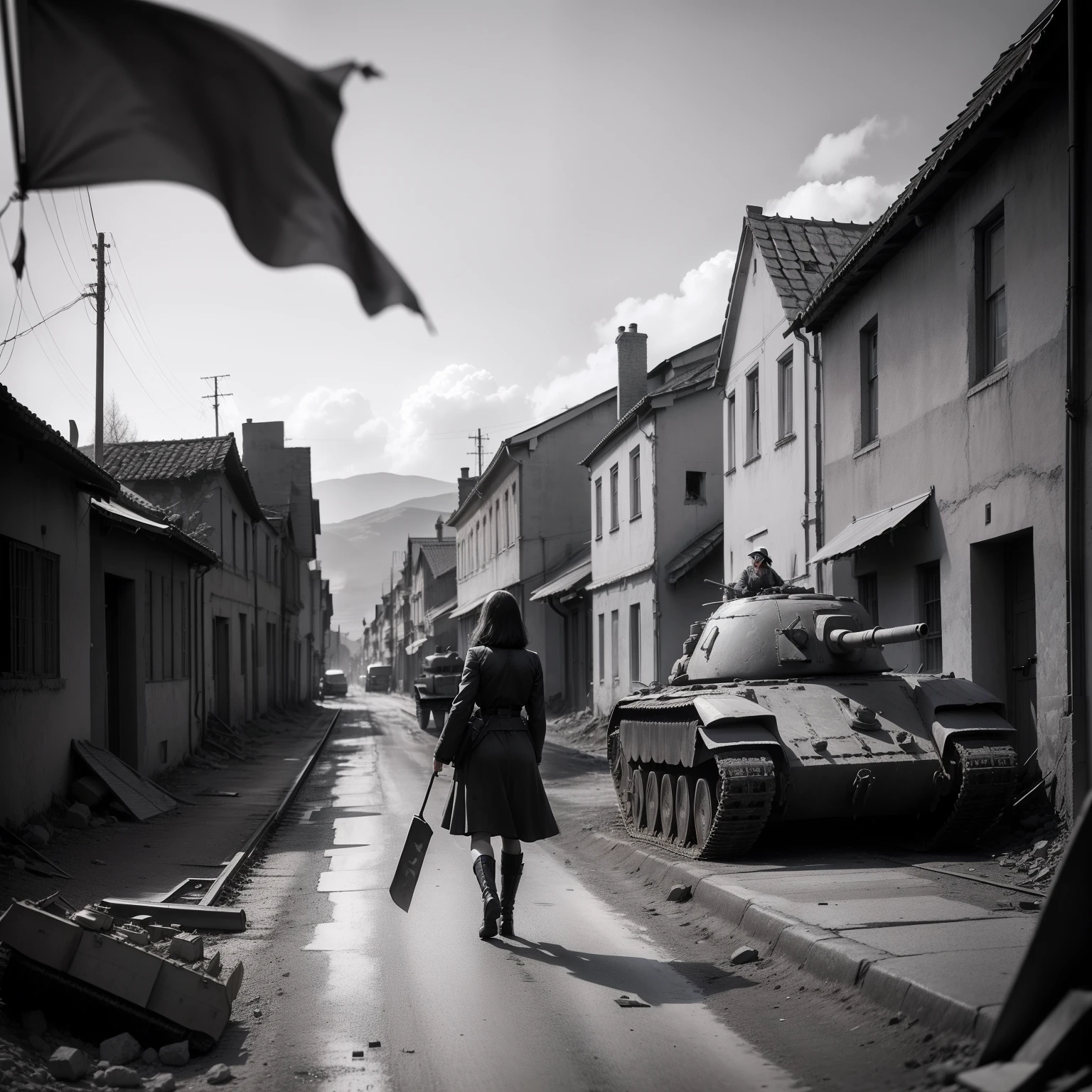 Old black-and-white photograph from 1945 showing a small rural town destroyed after a battle with a Soviet T-34 tank parked on a cobbled street and a female soldier wielding a red and black flag as a sign of freedom.