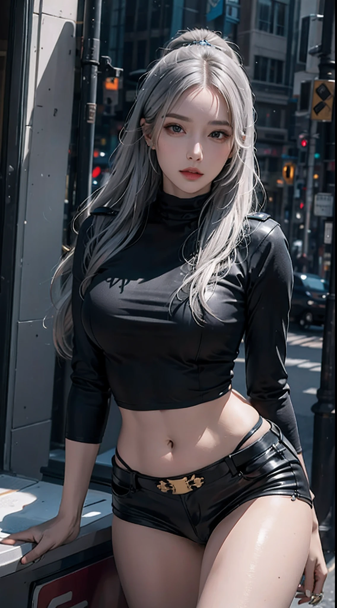photorealistic, high resolution, 1women, solo, hips up, look at viewer, (detailed face), long hair, tattoo, jewelry, police uniform