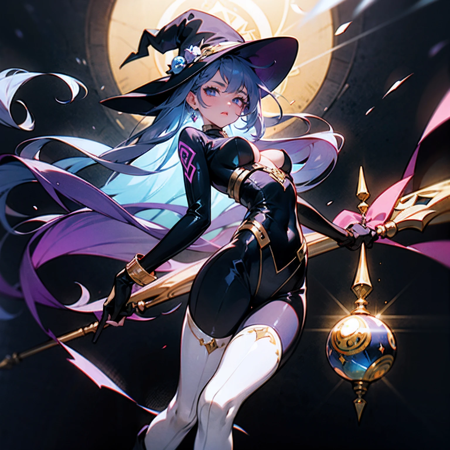 a futuristic witch, combining both allure and power. She should have long, flowing hair in shades of purple and blue, adorned with intricate braids and ribbons. Her eyes should be a captivating mix of gold and silver, reflecting her dual nature.
Her attire should consist of a tight-fitting bodysuit made from a metallic fabric that shimmers under different light sources. It should cover her entire body except for strategically placed cutouts on the sides, revealing hints of her toned physique. She would also wear thigh-high boots with buckles around the calves, adding to her dominatrix-like aesthetic.
Lastly, accessorize my avatar with magical items such as a floating crystal ball that hovers above her right hand, displaying information about her surroundings. Additionally, she could carry a staff adorned with mystical symbols and runes, emphasizing her connection to the occult.
