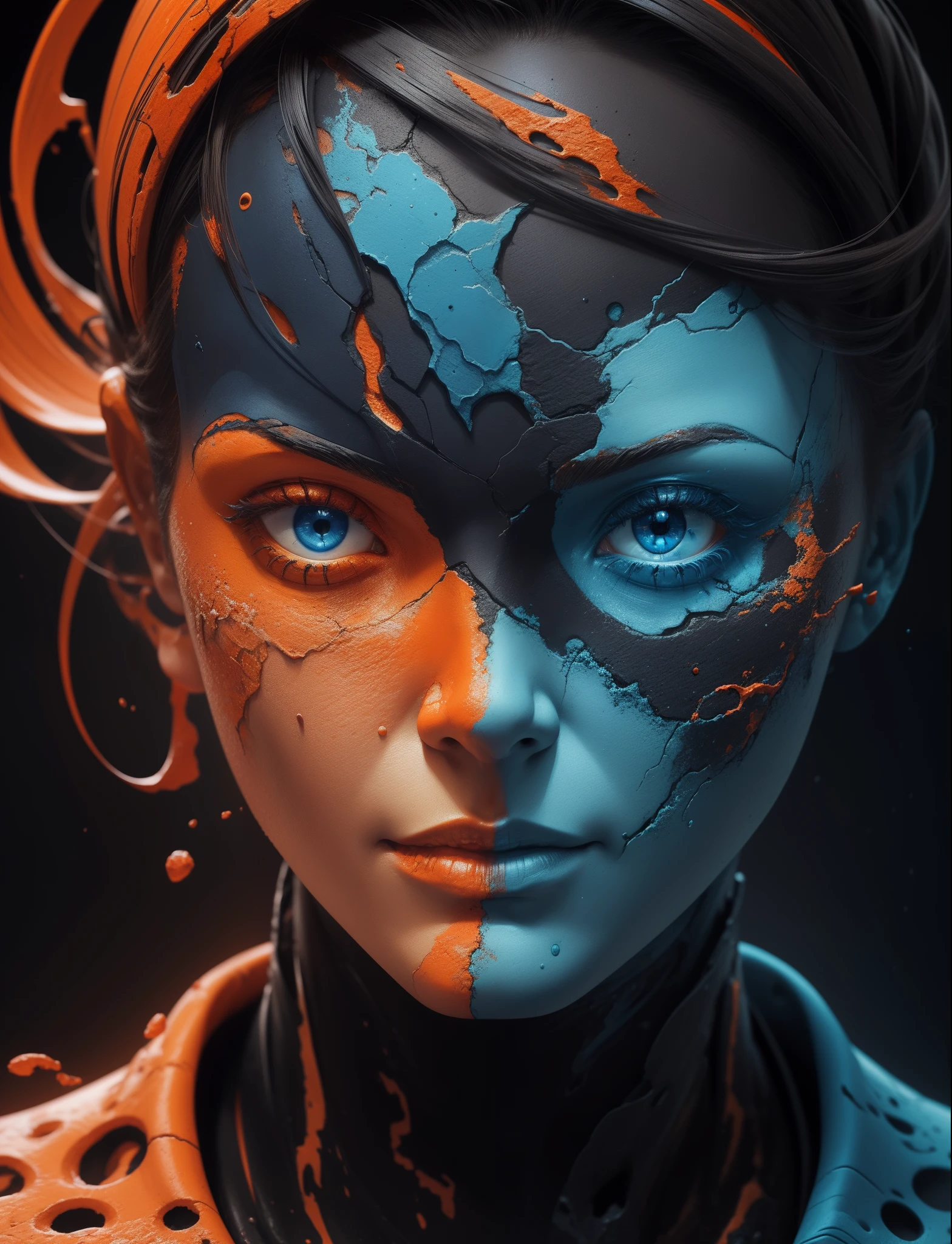 a close up of a person's face on a cracked surface, inspired by Alberto Seveso, featured on zbrush central, orange fire/blue ice duality!, portrait of an android, fractal human silhouette, red realistic 3 d render, blue and orange, subject made of cracked clay, woman, made of lava