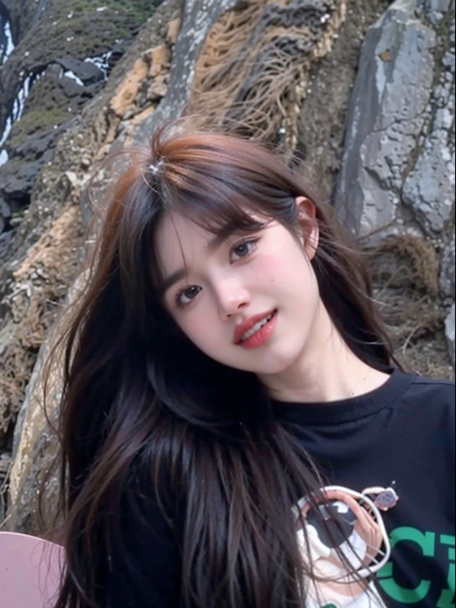 Long-haired Arapefi girl holding a skateboard in front of a cliff, lalisa manobal, jaeyeon nam, She has black hair,By bangs, headshot profile picture, Choi Hyun-hwa, Lee Ji-eun, lee ji eun, park jimin, lalisa manoban of blackpink, Kim Do-young, xintong chen