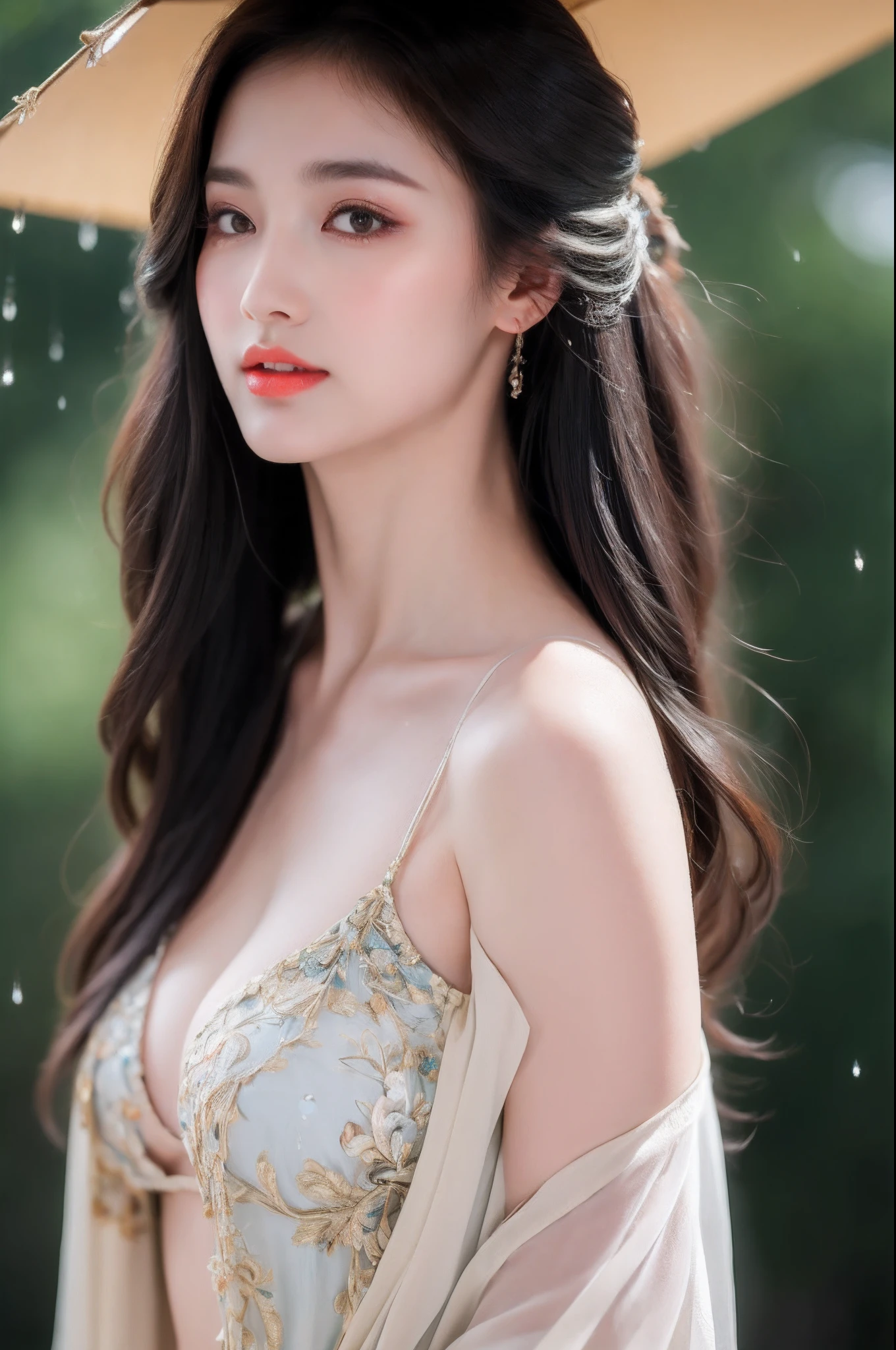 ((Best Quality, 8k, Masterpiece: 1.3)), Focus: 1.2, Perfect Body Beauty: 1.4, Buttocks: 1.2, ((Layered Haircut)), (Wet Clothes: 1.1), (Rain, Street:1.3), (Breasts: 1.2), (Hanfu: 1.2), Bare Shoulders, Bare Legs, Highly Detailed Face and Skin Texture, Fine Eyes, Double Eyelids, Whitened Skin, Long Hair, (Shut Up: 1.5), (Bokeh Background: 1.5), Big Breasts
