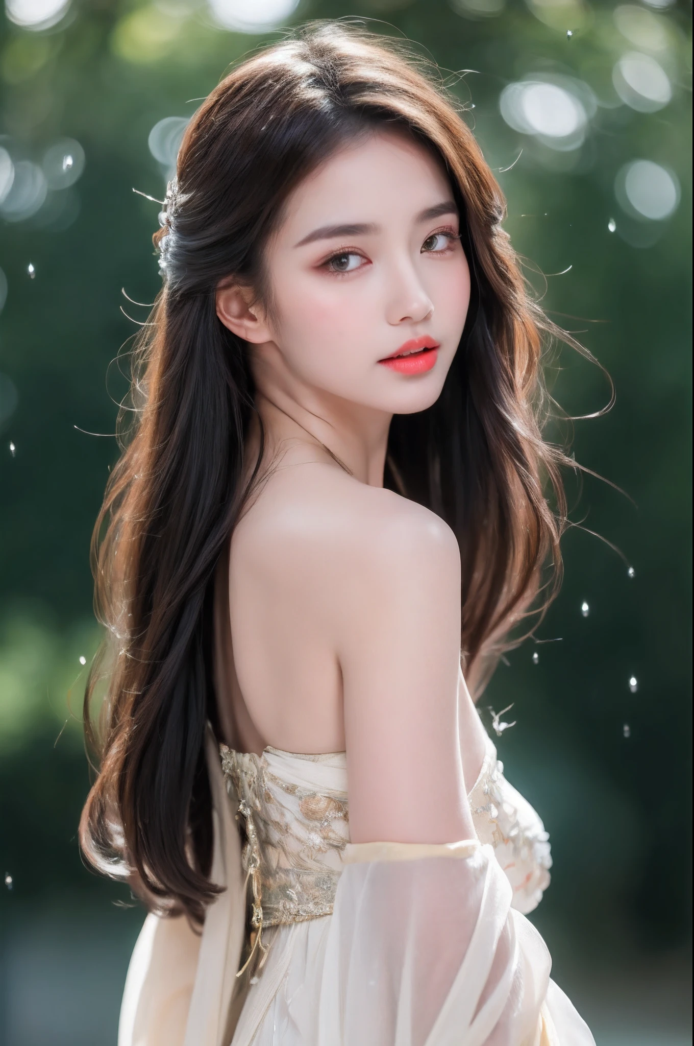 ((Best Quality, 8k, Masterpiece: 1.3)), Focus: 1.2, Perfect Body Beauty: 1.4, Buttocks: 1.2, ((Layered Haircut)), (Wet Clothes: 1.1), (Rain, Street:1.3), (Breasts: 1.2), (Hanfu: 1.2), Bare Shoulders, Bare Legs, Highly Detailed Face and Skin Texture, Fine Eyes, Double Eyelids, Whitened Skin, Long Hair, (Shut Up: 1.5), (Bokeh Background: 1.5), Big Breasts