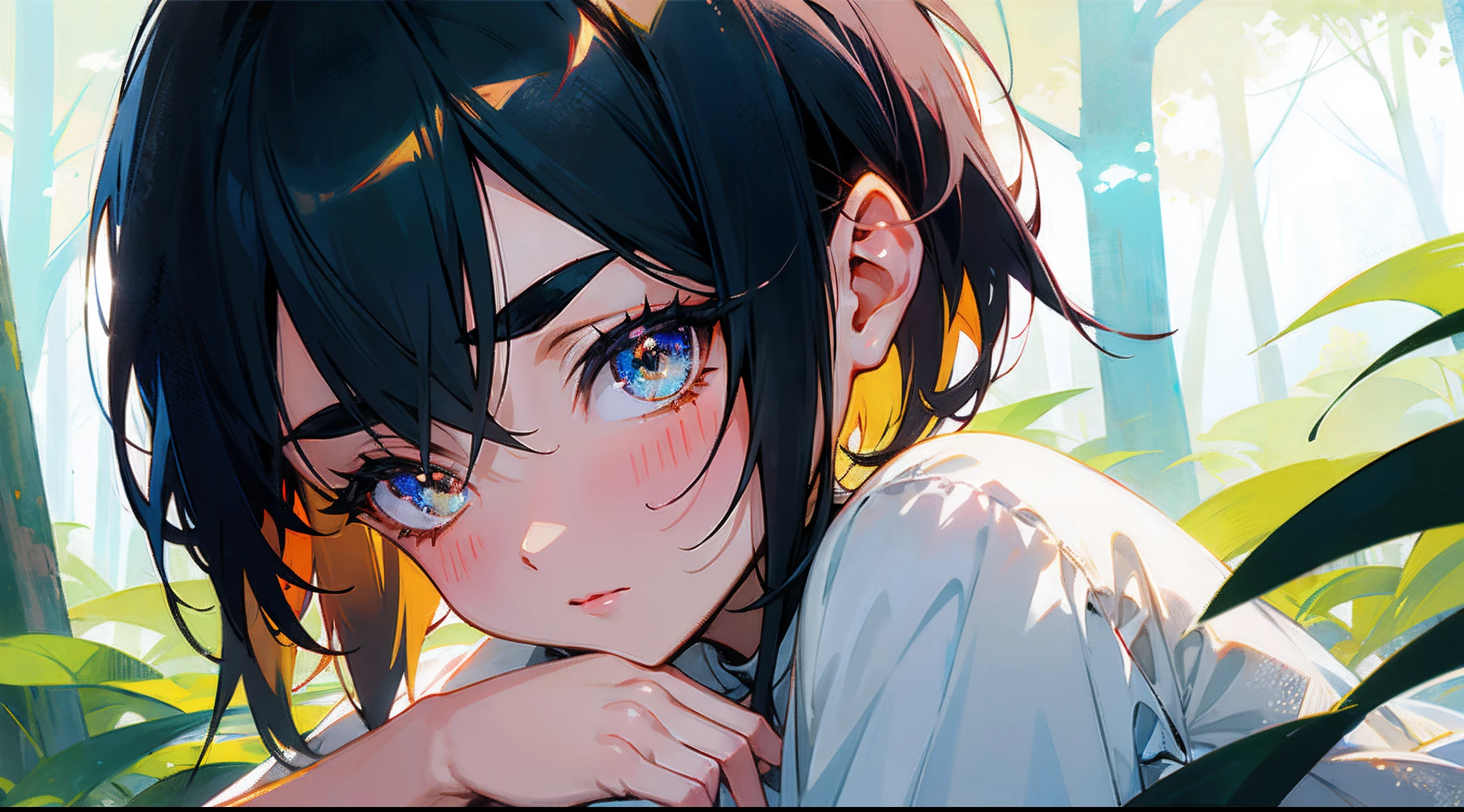 Original Characters、Volume Lighting、Best Shadows、Shallow depth of field、Portrait of an amazingly beautiful girl、Delicate beautiful attractive face with petite and seductive eyes、in woods、Woman sitting near river、Sharp Eyebrows、Black Hair Shortcut Hair、Blush Eyeshadow、Shining eyes、Dark eyelashes、Slim waist、(top-quality、Superb Detail:1.25)、(独奏:1.3)、Brilliant Colorful Paintings