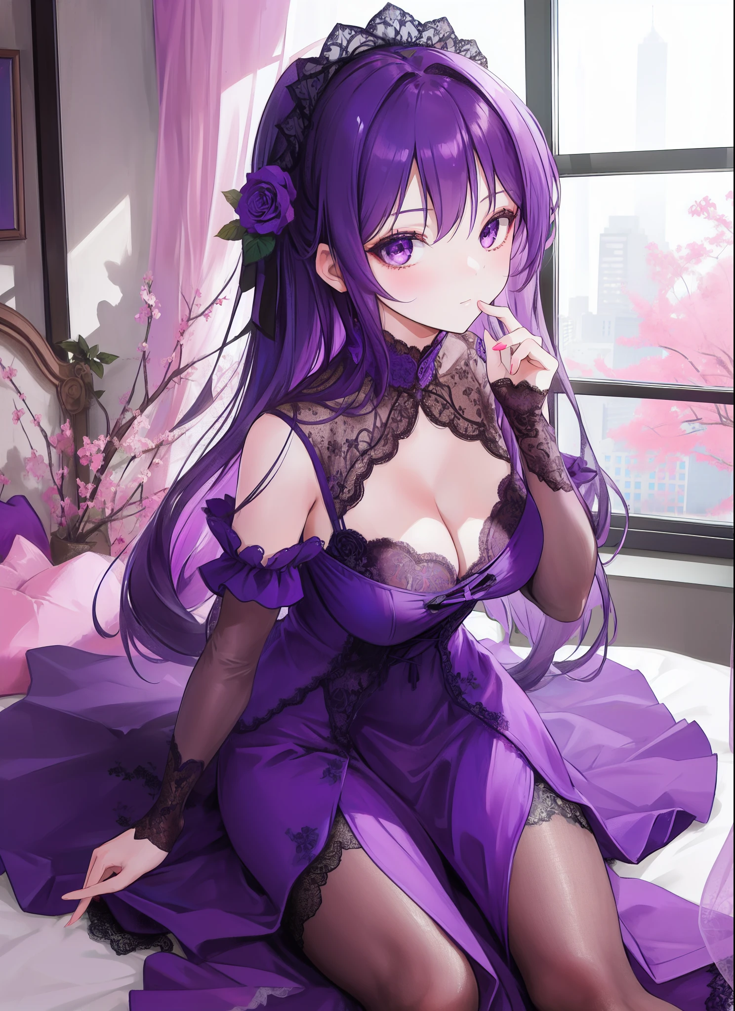 1girl, beautiful purple dress, lace, cleavage, in the room with a window, legs, beautiful, hand on the mouth