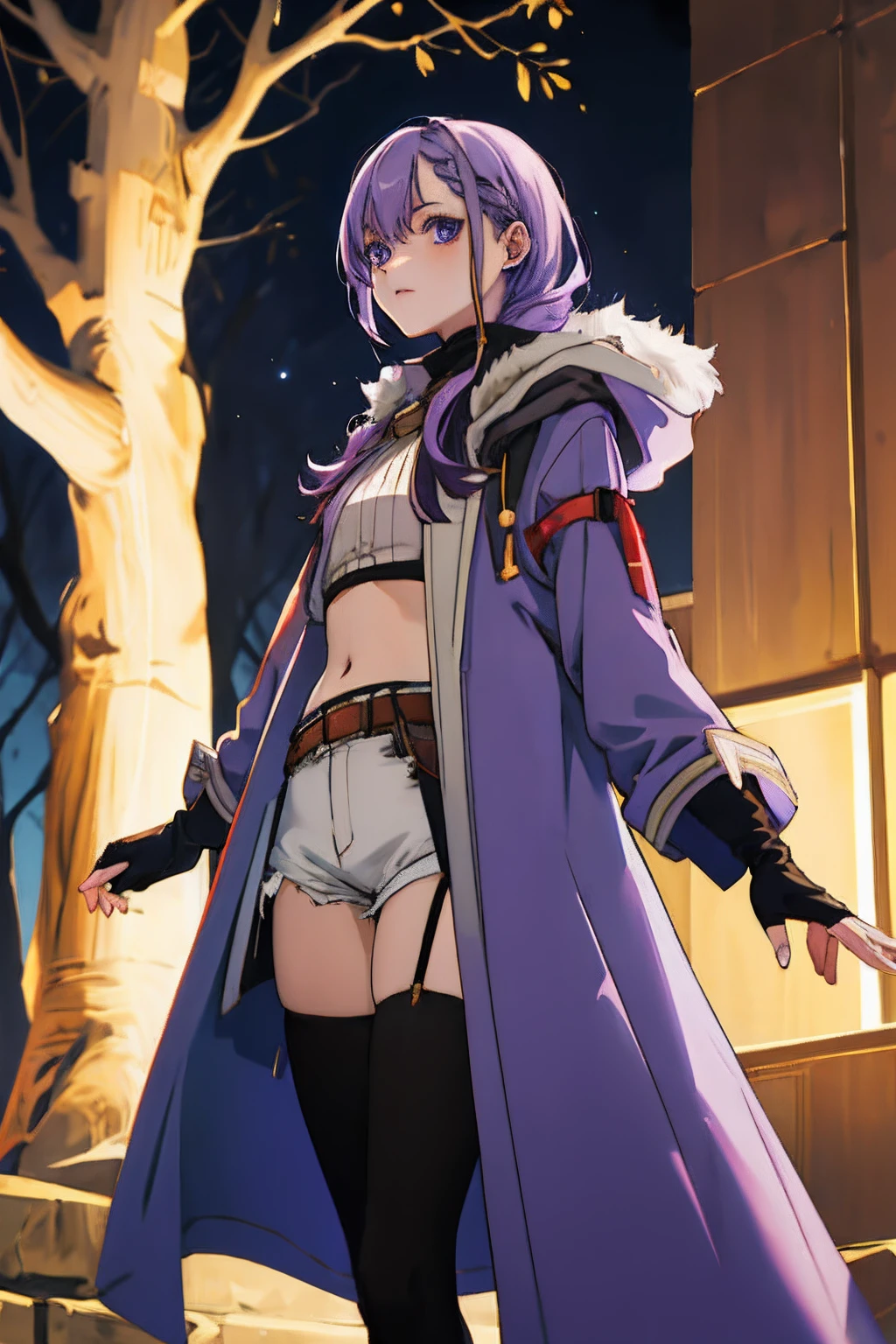 best quality, ((masterpiece)), highly detailed, outdoors, night, forrest,
1girl, Luna,
looking at the viewer, 
blue eyes, purple hair, braid, thighhighs, belt, open coat, navel, short shorts, fingerless gloves