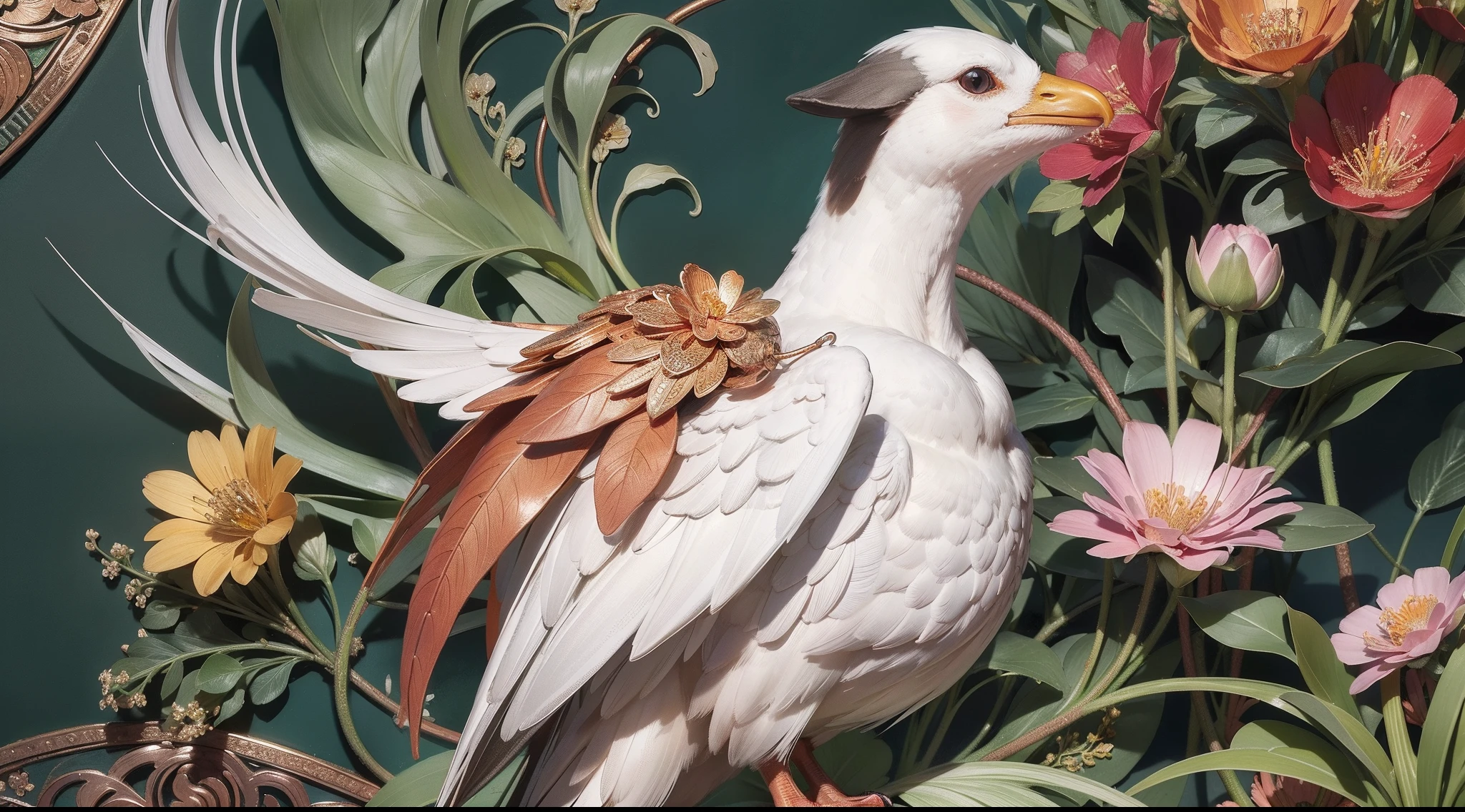 There is a drawing of a bird sitting on a flower, William Morris printing style, inspirado em William Morris, Estilo William Morris, Directed by: William Morris, art nouveau botanicals, floral ornamentado, imagem detalhada e complexa, cores silenciadas altamente detalhadas, flores ornamentadas, espinhos e videiras. circunstanciado, flores com detalhes intrincados, inspirado no Mestre da Folhagem Bordada, Every image created with copper and aluminum wires.