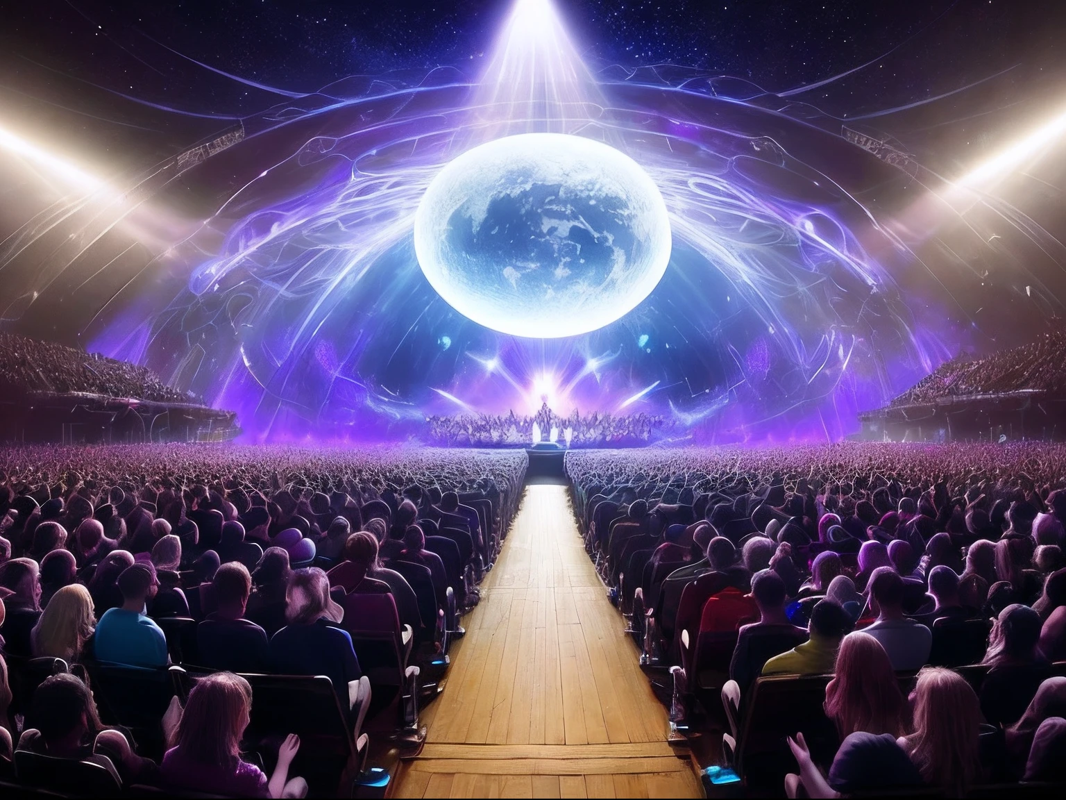 Paint a picture of Faithless captivating an interstellar audience on a lunar stage, with the Earth's awe-inspiring presence reminding everyone of their earthly origins.
Imagine an interstellar gathering on the moon, drawn together by the magnetic pull of Faithless' music. The lunar stage is a masterpiece of design, radiating with pulsating lights and holographic effects that create an immersive visual experience. Faithless takes the stage with an energy that reverberates through the galaxy, their music bridging the cosmic divide. The audience, composed of diverse extraterrestrial beings, is spellbound by the band's performance. Above them, Earth gleams like a distant jewel, a poignant reminder of the universal thread that connects all life forms. The image captures the interstellar unity, Faithless' captivating presence, and the humbling realization of our shared origins on Earth.