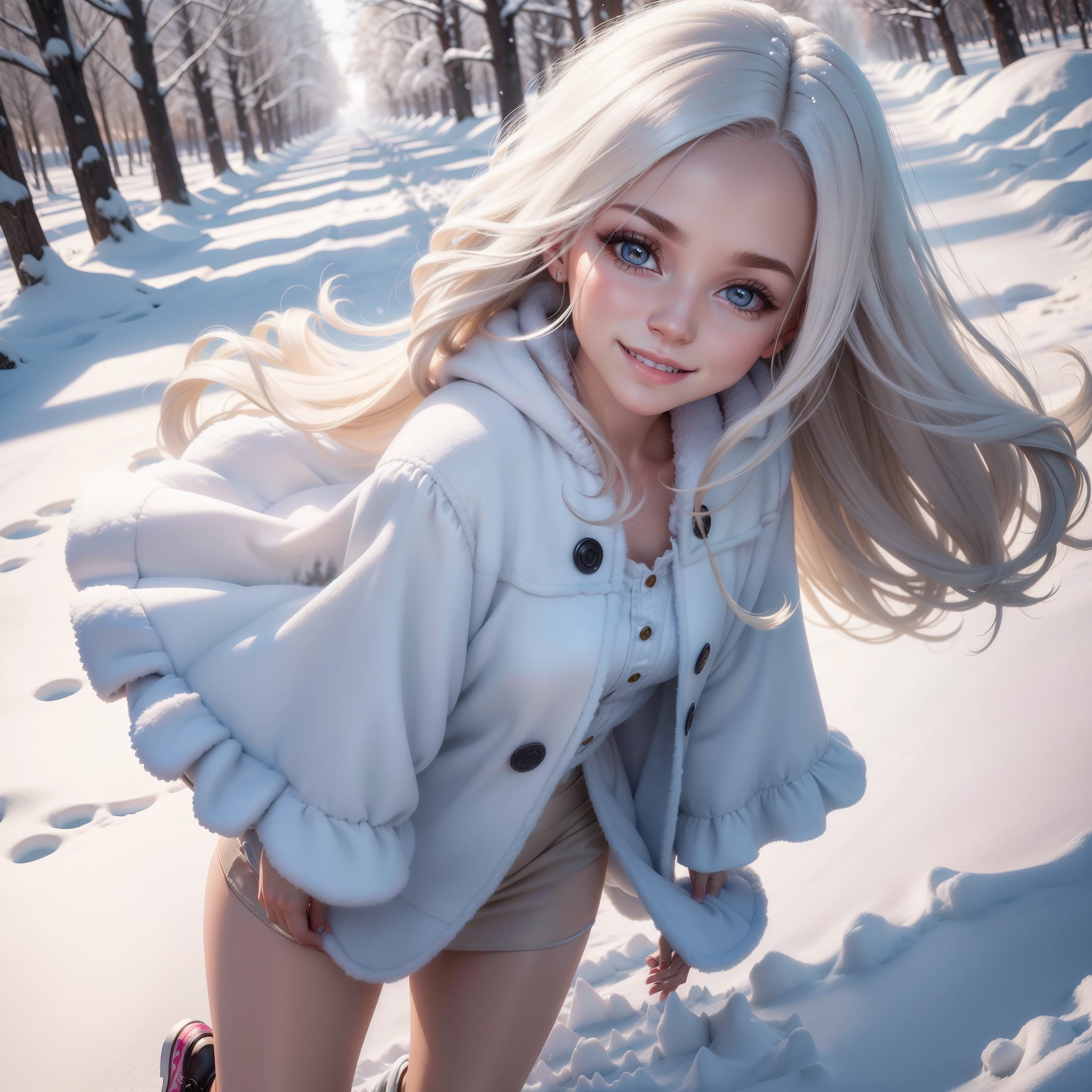 Linda princesa, loira, cabelos longos, rosto perfeito, Beautiful girl walking in the snow, alta qualidade, super realista, hiper realista, corpo inteiro, beautiful girl smiling, linda paisagem de gelo.