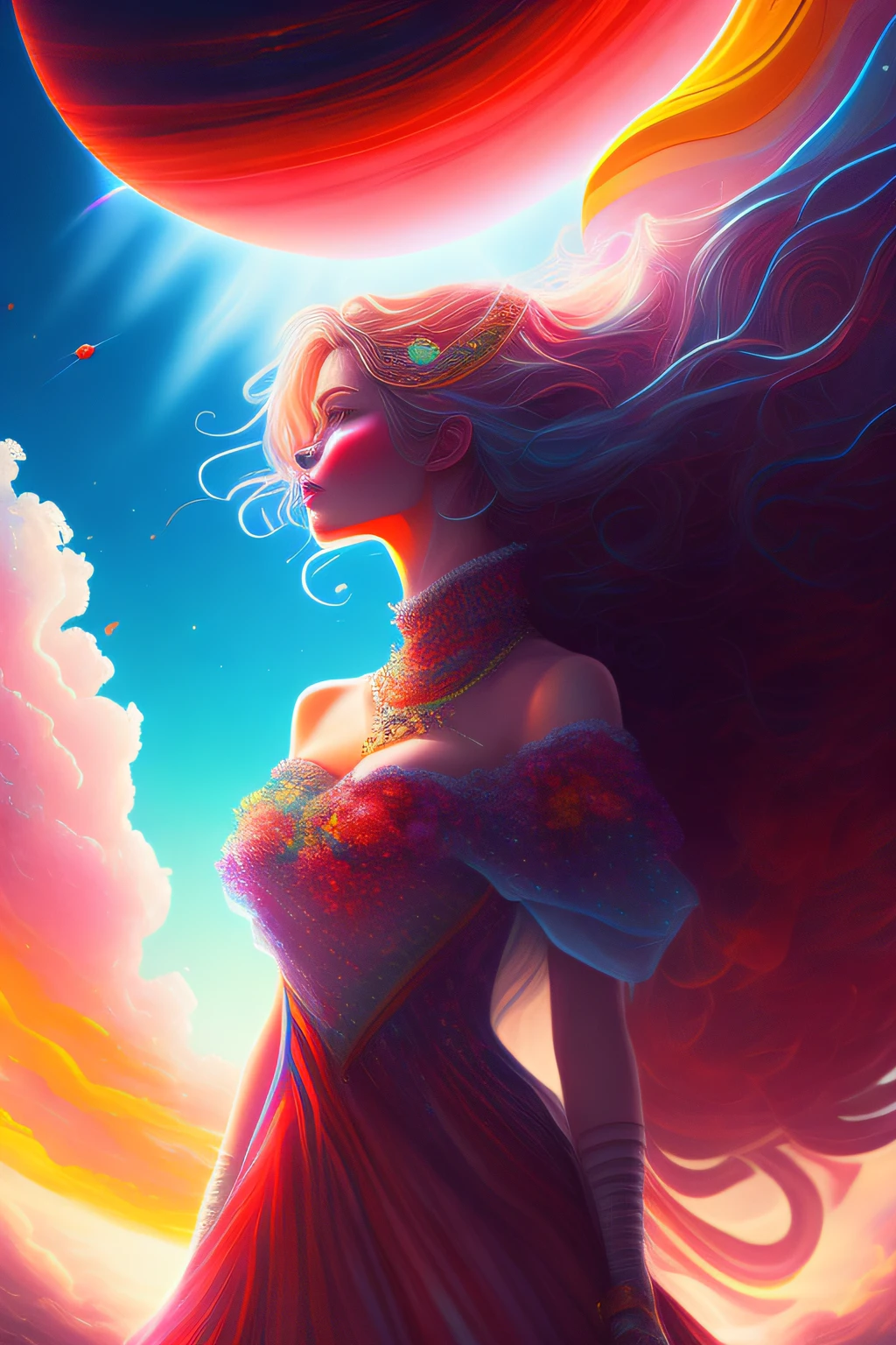 psychedelic, Horror, Bloody, Scary, Spooky, Fantasy space, Multiple planets, Fantasy Galaxy, 1girl in, full body Esbian, Portrait, Beautiful, Rainbow Light, Magical, High quality, Neat face、nice nose,Nice mouth,sea of clouds、the morning sun、Red and yellow、Splash Art、Lightning,[(Art by Android Jones:1.2)]、ultra-detailliert、Beautifully Aesthetic、​masterpiece、top-quality、ighly detailed、Most Beautiful Form of Chaos、elegent、vivd colour、barroco、Complex pattern、dynamic ungle