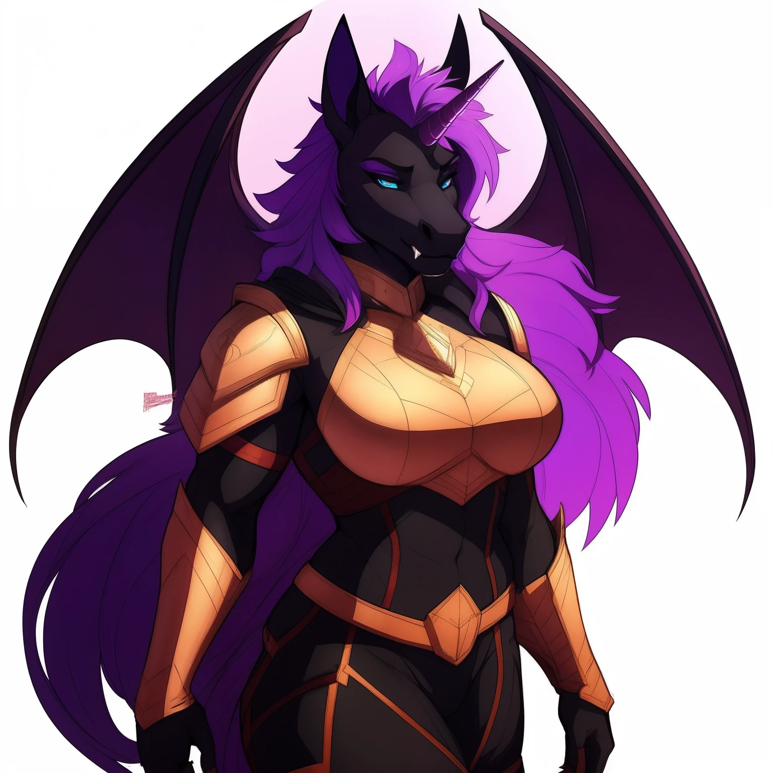 muscular_mature_horse female faded_dark_purple_mane ethereal_mane black_furry_body teal_eyes cat_eyes solo Masterpiece best_quality absurdres highly_detailed cleanly_drawn_eyes fangs bat_wings purple_eyeshadow starry_mane long_black_unicorn_horn horse_snout anthro_only seductive_gaze sultry large_breasts doublet by_claweddrip by_greasymojo, by_underscore-b by_runawaystride