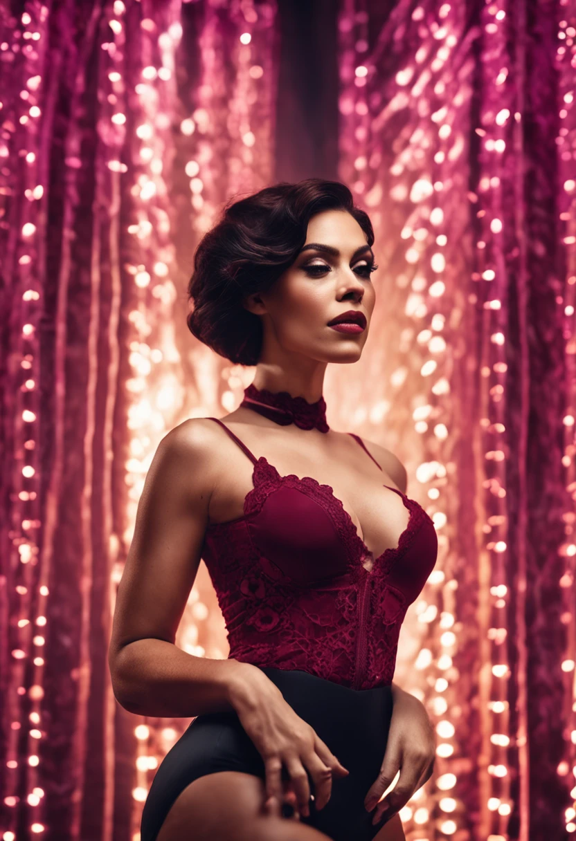 gorgeous curvy woman with Gigantic chest wearing burgundy lace bodysuit, slim waist, beautiful face, black hair in bun