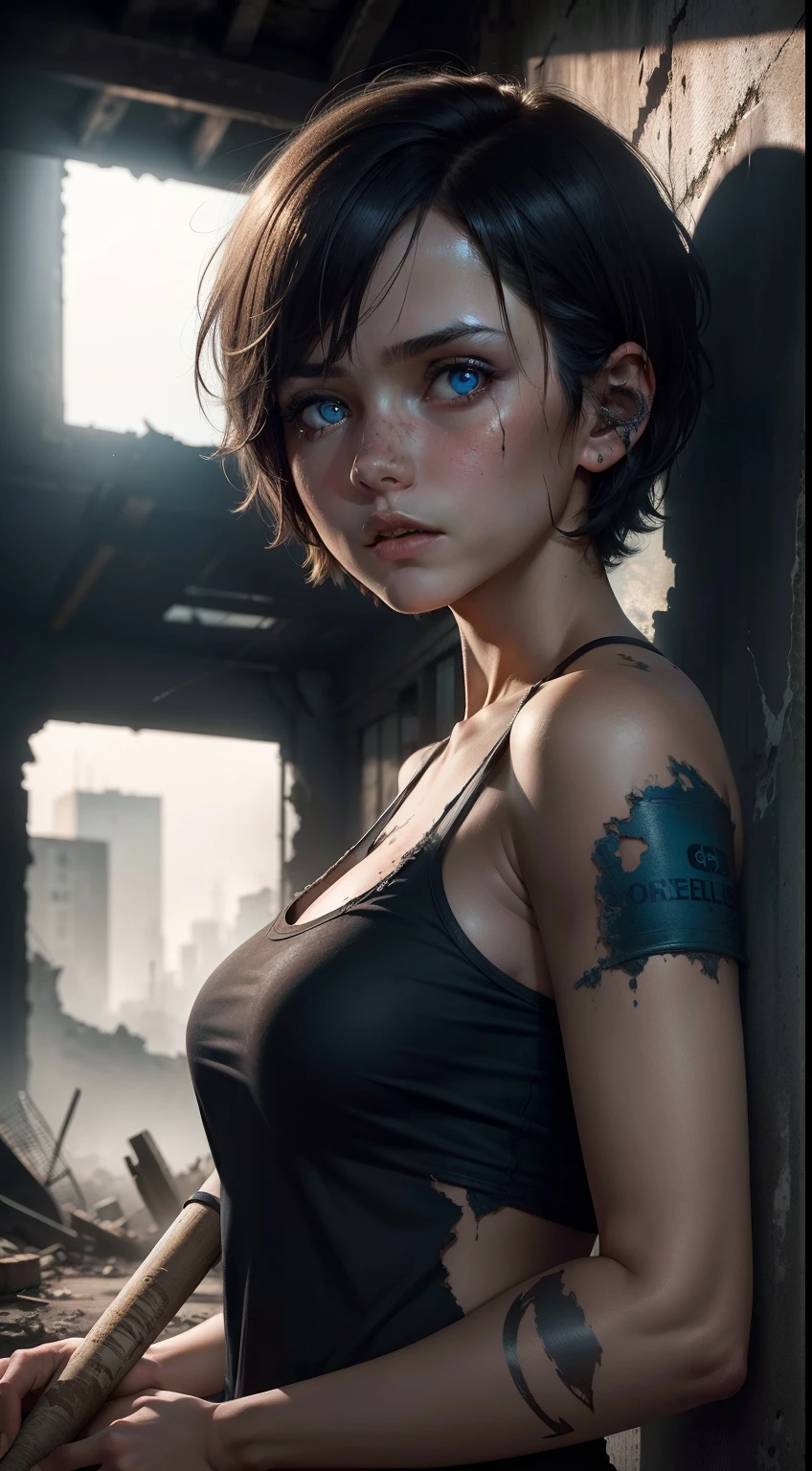 one-girl,Medium short hair,The expression is resolute,Delicate facial details,Blue pupil,(careful:1.3),Dilapidated ruined buildings,With a baseball bat,covert,Atmospheric lights,Center composition,Post-apocalypse,hyper-high detail,A high resolution,8k,Wallpapers