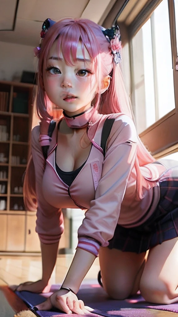 from China,on the floor on all fours,The chest is very large,Overflow of the chest,Classroom,A pink-haired