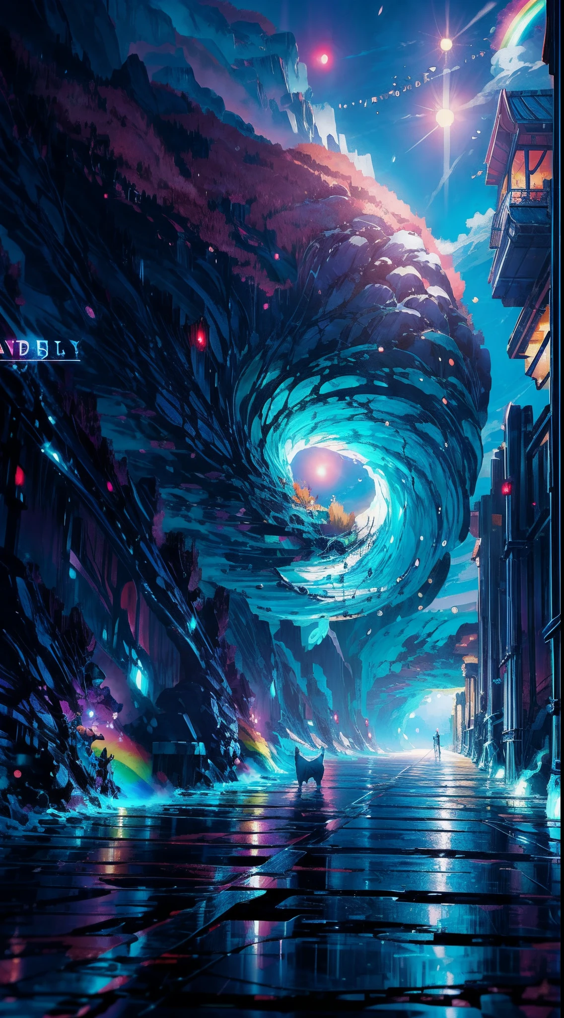 ((Rainbow Daytime Sky))、Anime girl cuddling a cat,Near Future City、 makoto shinkai cyril rolando, anime art wallpaper 4k, anime art wallpaper 4k, Anime art wallpaper 8k, inspired by Cyril Rolando, in the style dan mumford artwork, amazing wallpapers, by Yuumei