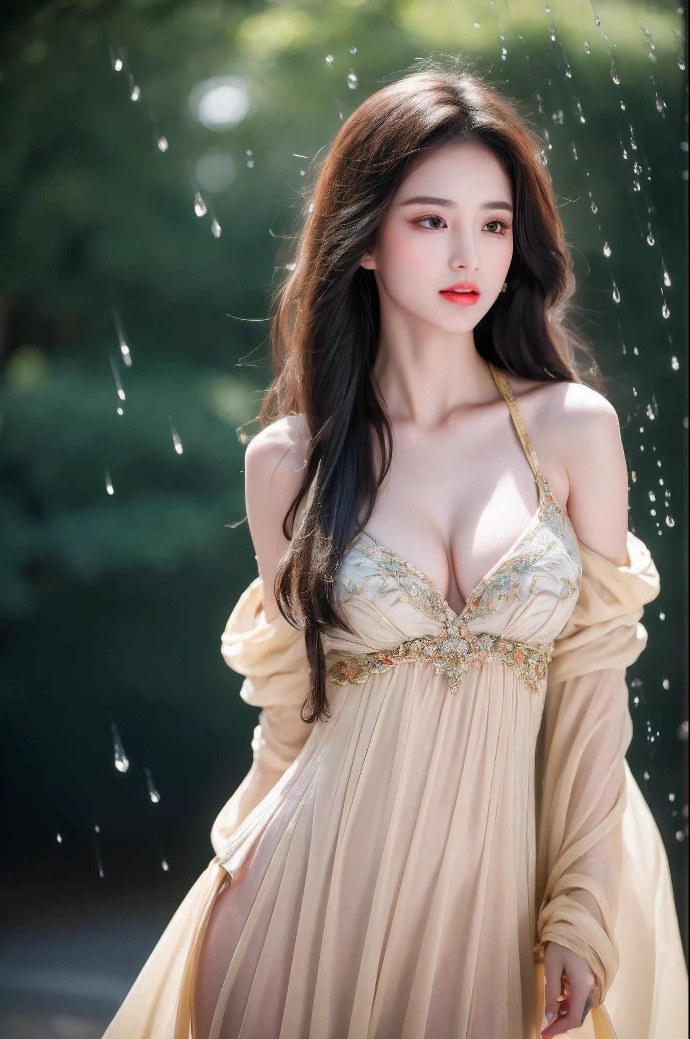 ((Best Quality, 8k, Masterpiece: 1.3)), Focus: 1.2, Perfect Body Beauty: 1.4, Buttocks: 1.2, ((Layered Haircut)), (Wet Clothes: 1.1), (Rain, Street:1.3), (Breasts: 1.2), (Hanfu: 1.2), Bare Shoulders, Bare Legs, Highly Detailed Face and Skin Texture, Fine Eyes, Double Eyelids, Whitened Skin, Long Hair, (Shut Up: 1.5), (Bokeh Background: 1.5), Big Breasts