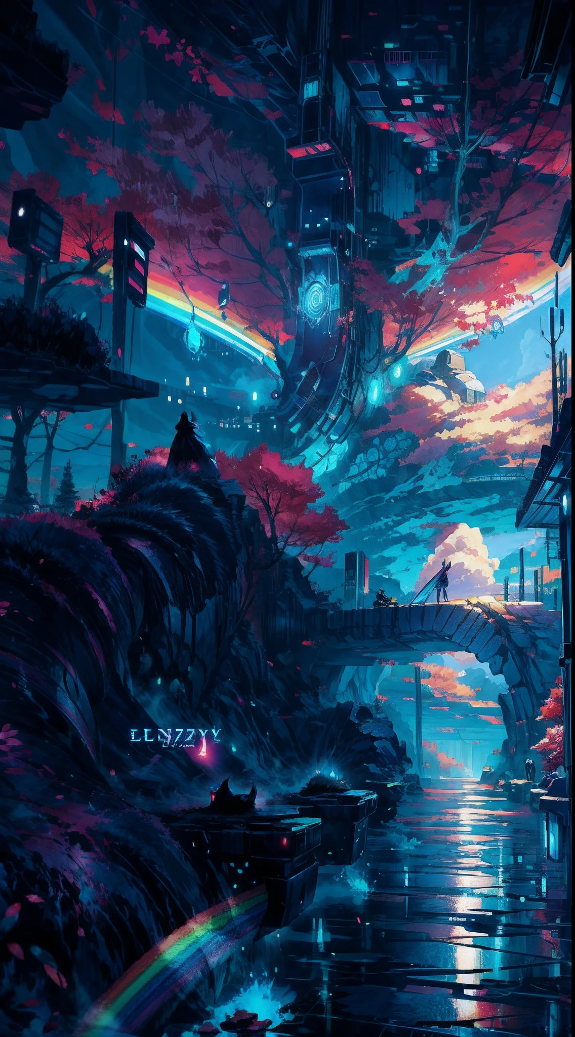 ((Rainbow Daytime Sky))、Anime girl cuddling a cat,Near Future City、 makoto shinkai cyril rolando, anime art wallpaper 4k, anime art wallpaper 4k, Anime art wallpaper 8k, inspired by Cyril Rolando, in the style dan mumford artwork, amazing wallpapers, by Yuumei