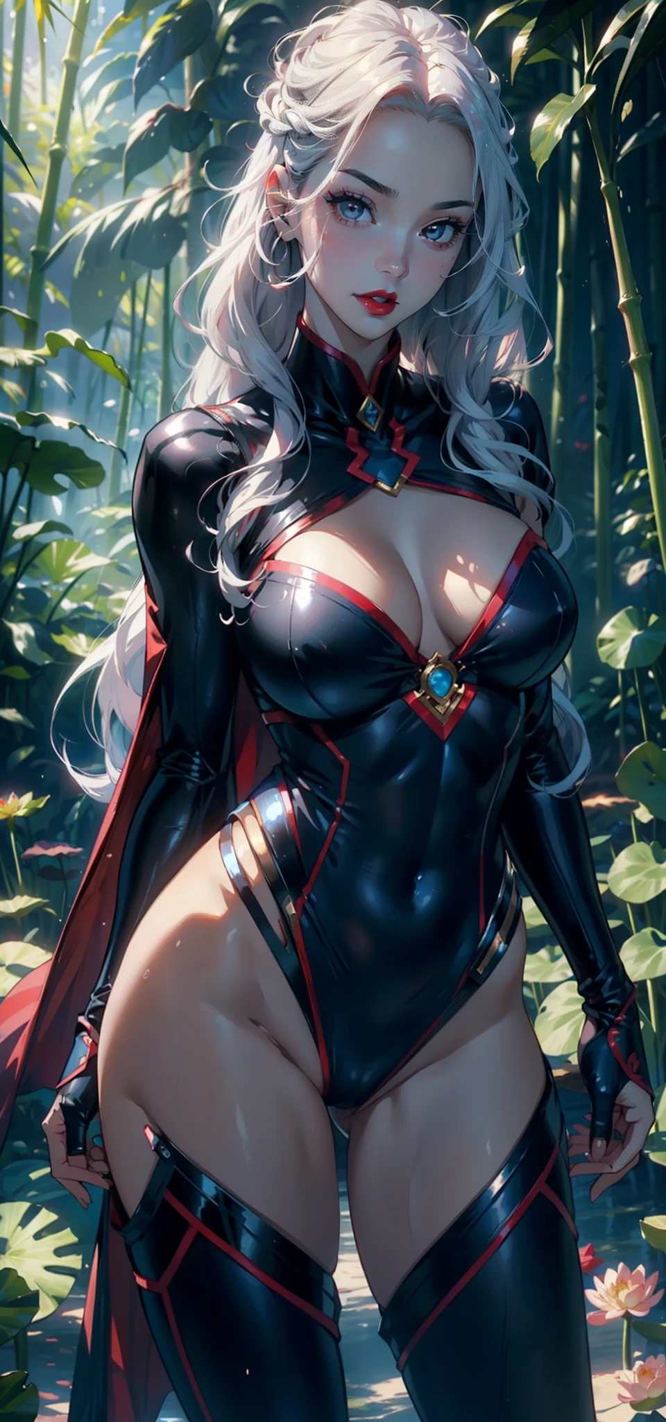 1womanl，43 yeas old，A MILF，熟妇，Huge breasts，Big breasts Thin waist，long leges，plumw，Raised sexy，Pornographic exposure， 独奏，Combat posture，（Background with：Deep in the bamboo forest，Ground area water，lotuses，lotus flower，the rainforest，）Snow-white skin， She has long pink hair，Long hair flutters in the wind，Redlip，Expression of anger，seen from the front， hair straight， mostly cloudy sky，（（（tmasterpiece），（Very detailed CG unity 8K wallpaper），best qualtiy，cinmatic lighting，detailed back ground，beatiful detailed eyes，Bright pupils，（Very fine and beautiful），（Beautiful and detailed eye description），Black eyes，Redlip，ultra - detailed，tmasterpiece，）），facing at camera，（The upper part of the body），A high resolution，ultra - detailed），，revealing breasts，Bare genitalia，  Bulge，legs are open，sexyposture，Camel toes，Flushed complexion，Supergirl，frontage，（Wearing：Blue Superman uniform，skinny pants，Red cloak，mitts，Bare breasts）cyber punk style