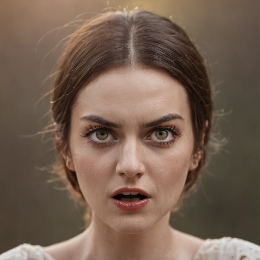 a woman desperately exploding a bomb in her head, eyes wide, expression shocked on her face;