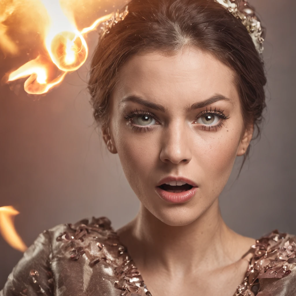 a woman desperately exploding a bomb in her head, eyes wide, expression shocked on her face;