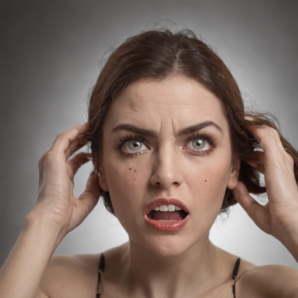 a woman desperately exploding a bomb in her head, eyes wide, expression shocked on her face;