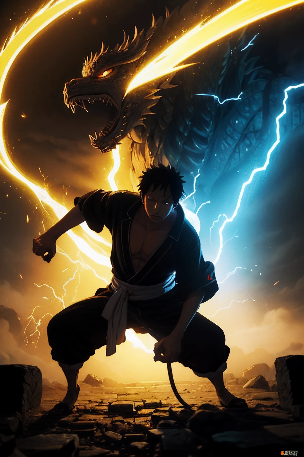 1 boy, Monkey D Rufi Fighting (rubbery-looking body), One piece, 1 giant Japan of blue dragon, Eiichiro Oda Style, Full body, Dynamic Pose, Ancient ruins, loimu, Spark, Lightning, wanostyle, masutepiece, intricate-detail, hyper realisitic, Cinematic, 8 K, Perfect composition, High contrast, hight resolution, unreal enginee 5