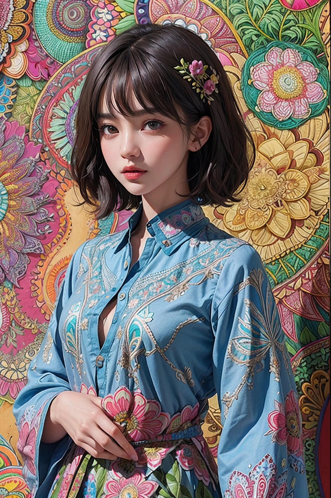 (Ultra detailed backgrounds、detailedbackground)、absurderes、Hi-Res、ultra-detailliert、ighly detailed、1womanl、(Floral shirt)、(Zentangle:1.2)、(fractals:1.2)、(colourfull)、(A dark-haired、short-hair:1.3)