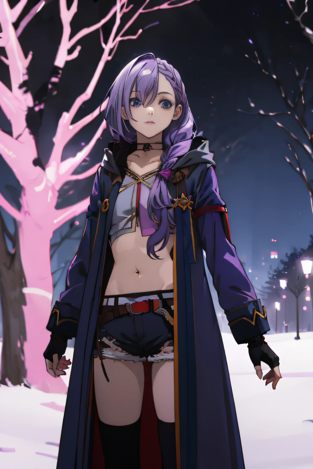 best quality, ((masterpiece)), highly detailed, outdoors, night, forrest,
1girl, Luna,
looking at the viewer, 
blue eyes, purple hair, braid, thighhighs, belt, open coat, navel, short shorts, fingerless gloves