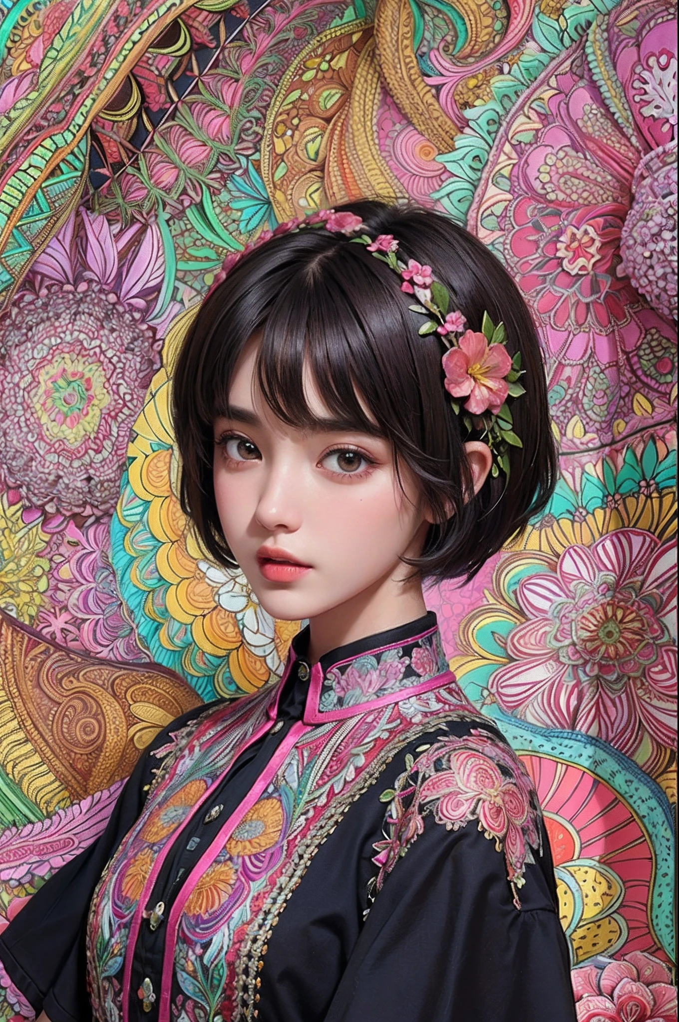 (Ultra detailed backgrounds、detailedbackground)、absurderes、Hi-Res、ultra-detailliert、ighly detailed、1womanl、(Floral shirt)、(Zentangle:1.2)、(fractals:1.2)、(colourfull)、(A dark-haired、short-hair:1.3)