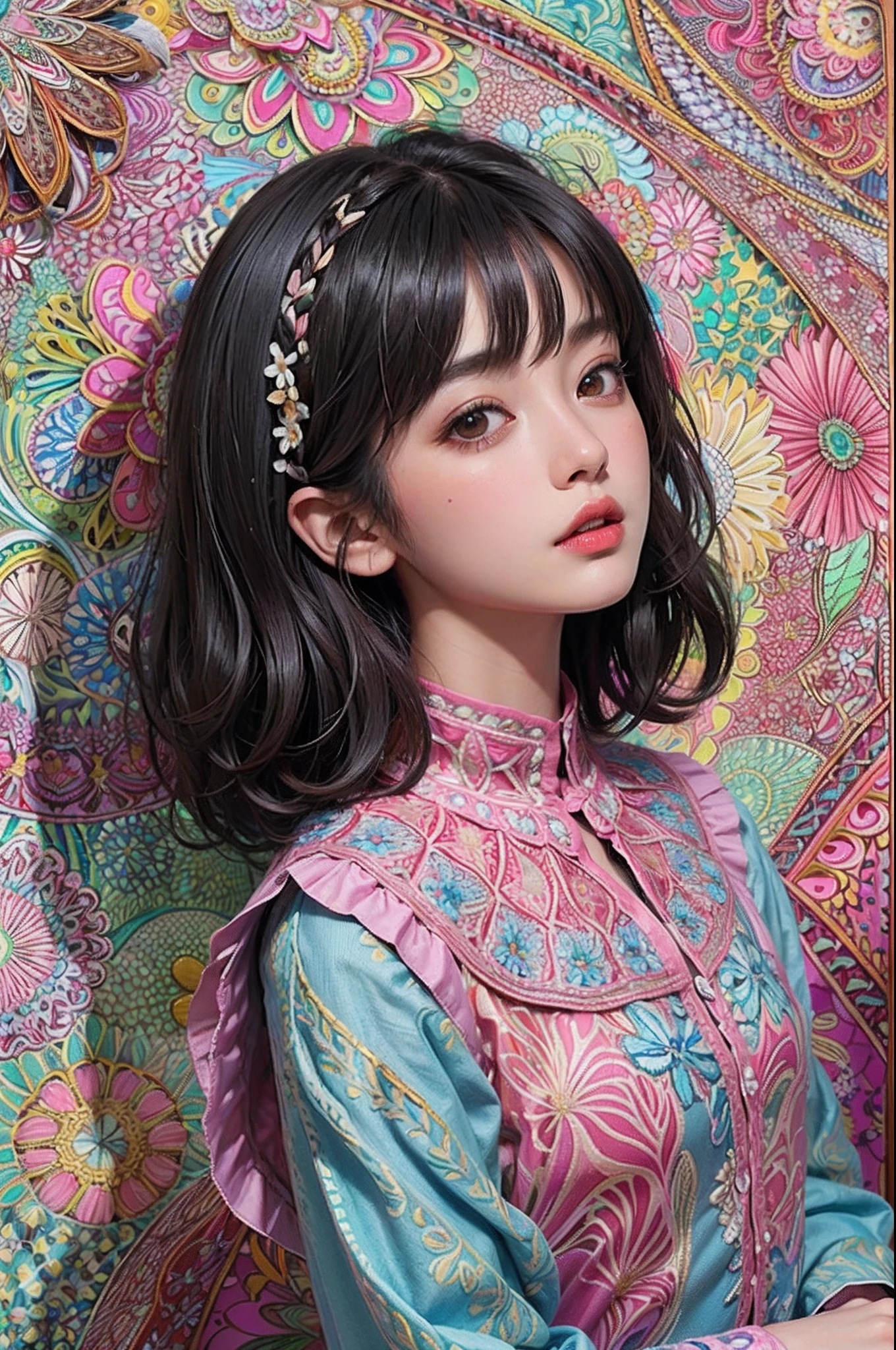 (Ultra detailed backgrounds、detailedbackground)、absurderes、Hi-Res、ultra-detailliert、ighly detailed、1womanl、(Floral shirt)、(Zentangle:1.2)、(fractals:1.2)、(colourfull)、(A dark-haired、short-hair:1.3)