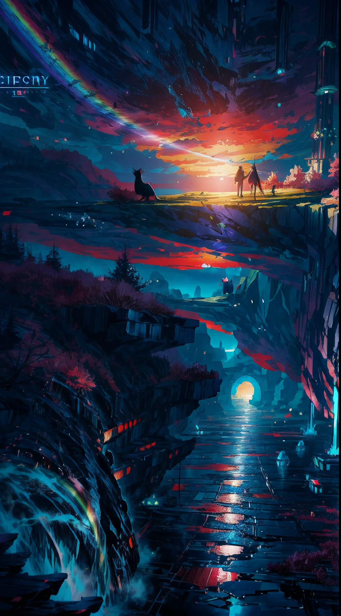 ((Rainbow Daytime Sky))、Anime girl cuddling a cat,Near Future City、 makoto shinkai cyril rolando, anime art wallpaper 4k, anime art wallpaper 4k, Anime art wallpaper 8k, inspired by Cyril Rolando, in the style dan mumford artwork, amazing wallpapers, by Yuumei