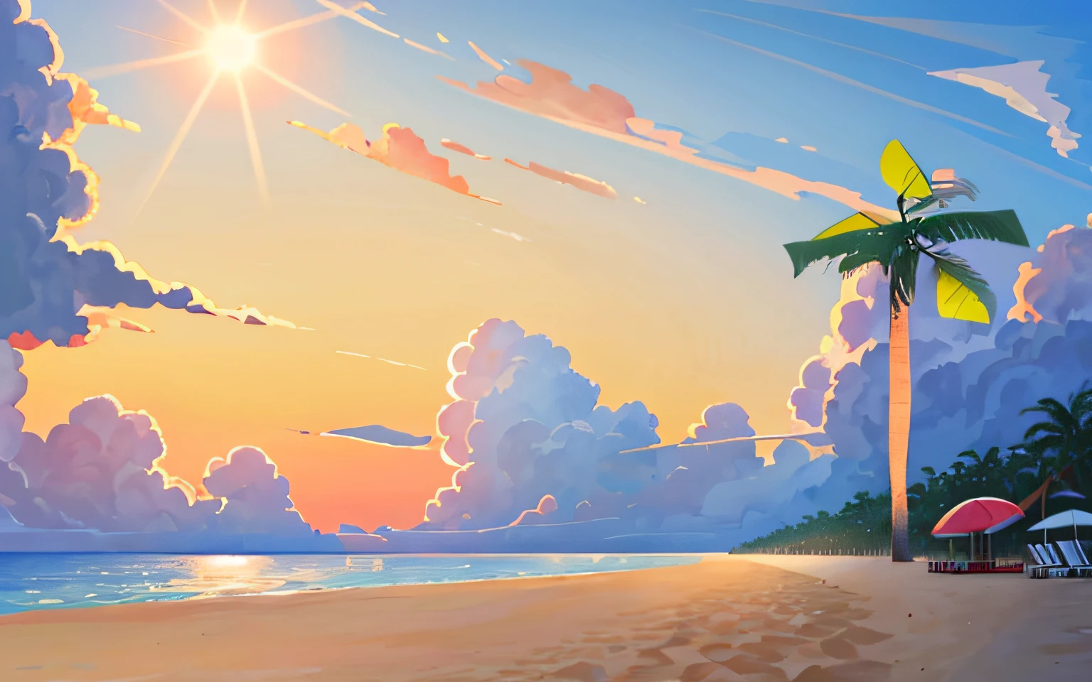 There are watermelons and umbrellas on the beach,the ocean,coconut palms,suns,Hot summer,8K,ultraclear,high qulity,Blue sky,White clouds,Clear and transparent,balloons