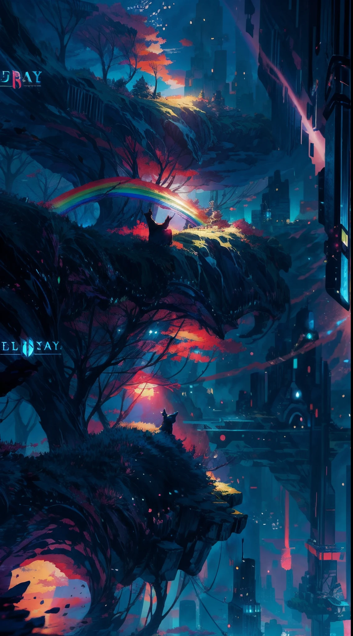 ((Rainbow Daytime Sky))、Anime girl cuddling a cat,Near Future City、 makoto shinkai cyril rolando, anime art wallpaper 4k, anime art wallpaper 4k, Anime art wallpaper 8k, inspired by Cyril Rolando, in the style dan mumford artwork, amazing wallpapers, by Yuumei