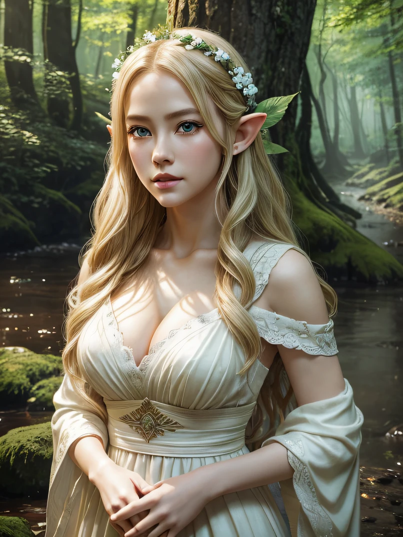 (masutepiece、Best Quality、awardwinning、hight resolution)、Upper body portrait of one beautiful female elf、cleavage、tall、skinny、Light blonde hair、Complex and beautiful design、extremely detailed beautiful face、Triangular face、blue eyess、ssmile、Rest on the banks of the river、the woods、Leaf flow、strong breeze、Sunshine in the forest、Epic fantasy art、colorful art、Dynamic lighting、Cinematic lighting、Hyper realistic、Very CG detail、Classy white dress