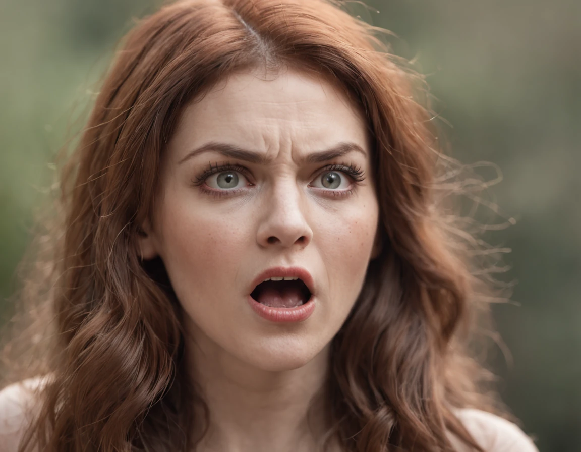 a woman with her hair caught fire screaming desperately wide eyes shocked expression on her face